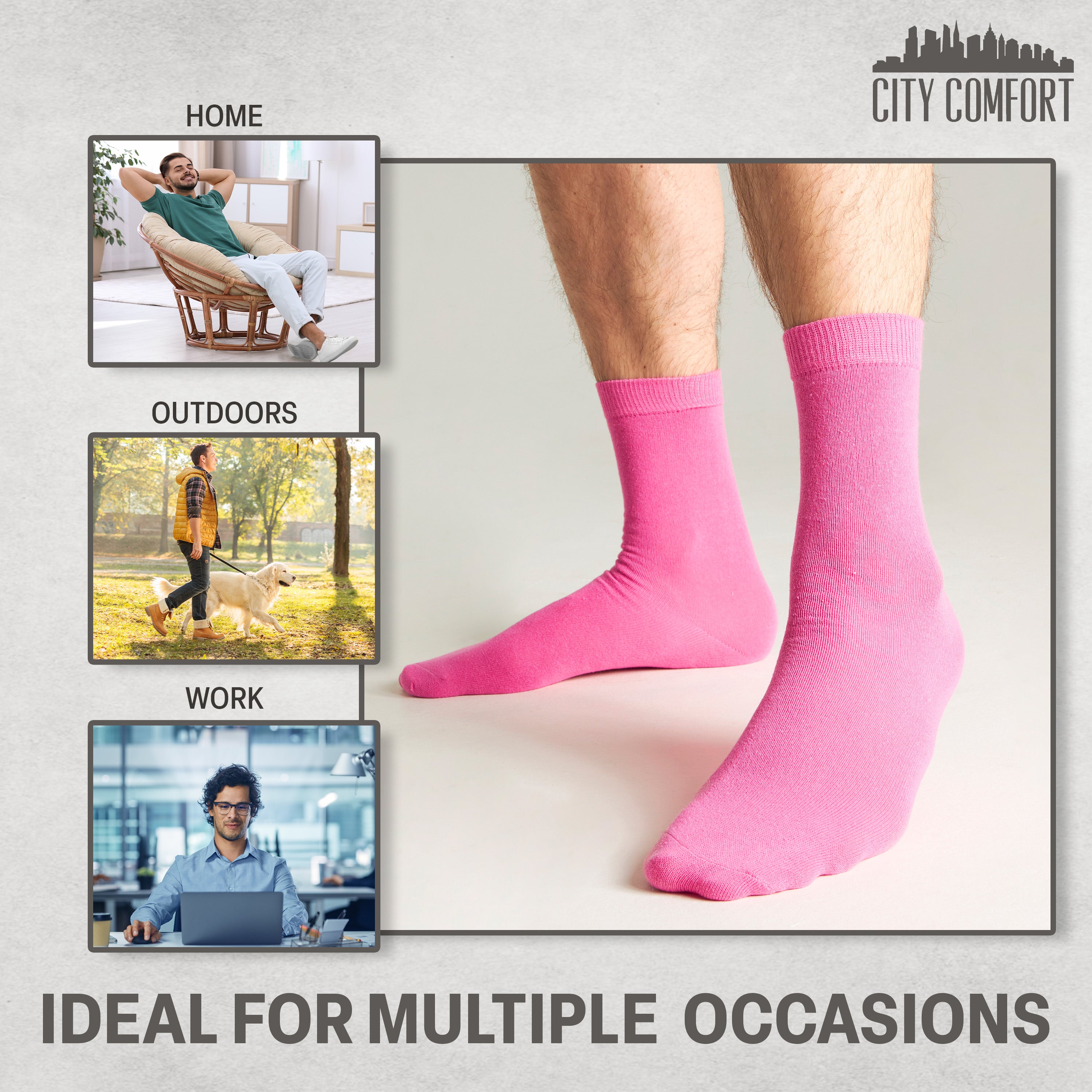 CityComfort Mens Calf Socks, Breathable Crew Socks Multipack - Pack of 6 - Get Trend