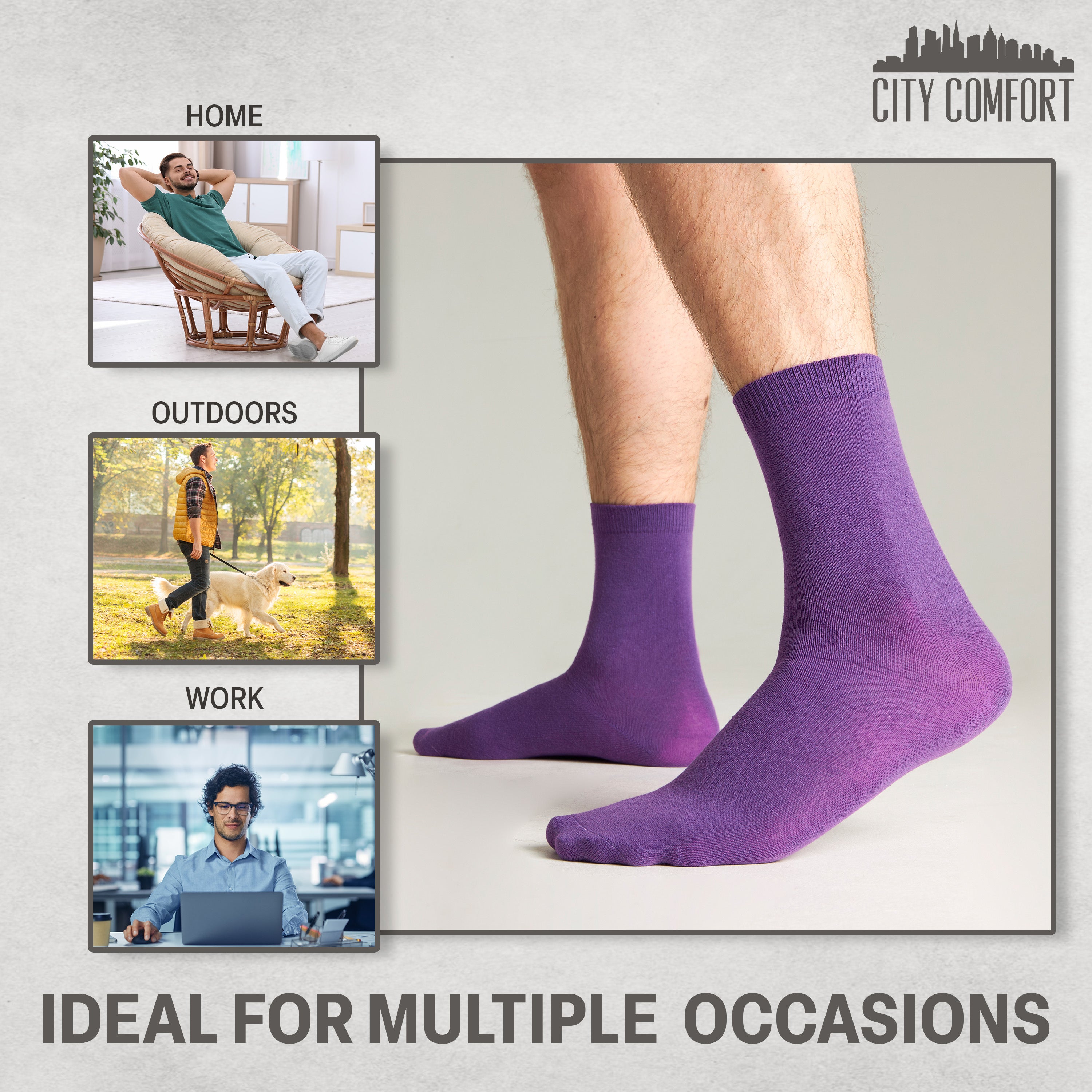 CityComfort Mens Calf Socks, Breathable Crew Socks Multipack - Pack of 6 - Get Trend