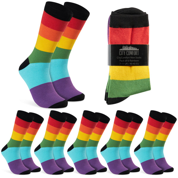 CityComfort Mens Calf Socks, Breathable Crew Socks Multipack - Multi Rainbow-6 Pack