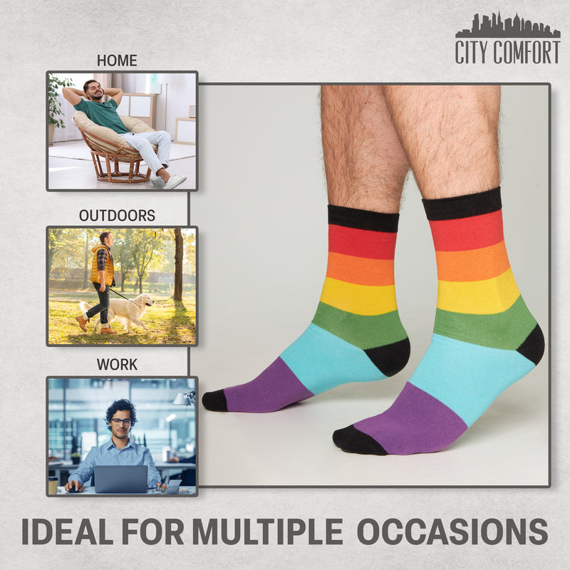 CityComfort Mens Calf Socks, Breathable Crew Socks Multipack - Multi Rainbow-6 Pack - Get Trend