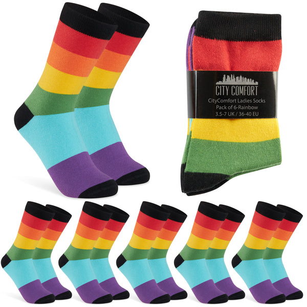 CityComfort Calf Socks for Women and Teenagers - Rainbow - Pack of 6