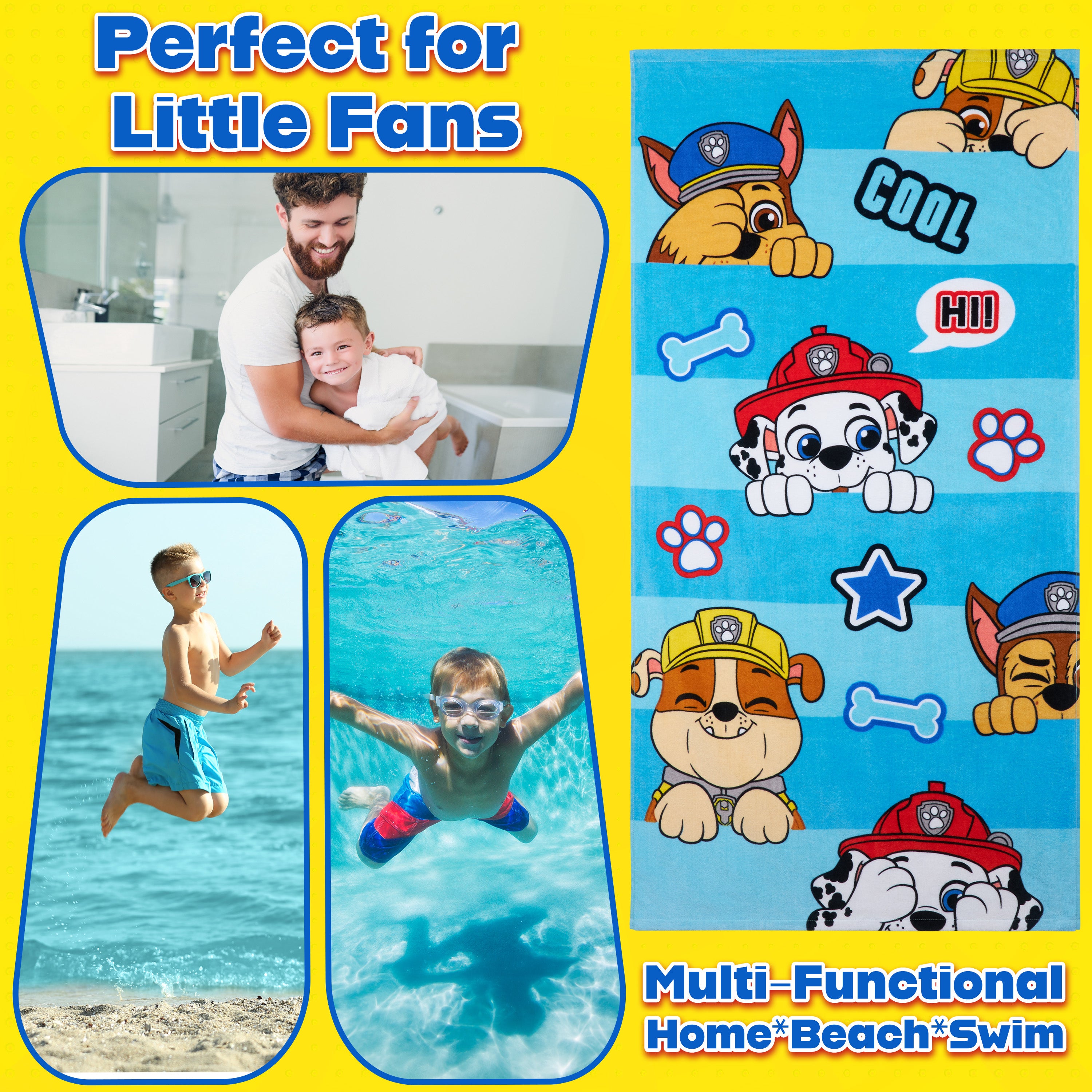 Paw Patrol Towel Kids Toddlers Super Soft Absorbent Bath Shower Swimming Beach Towel 100% Cotton Marshall Chase Rubble Holiday Essentials 140x70cm - Get Trend