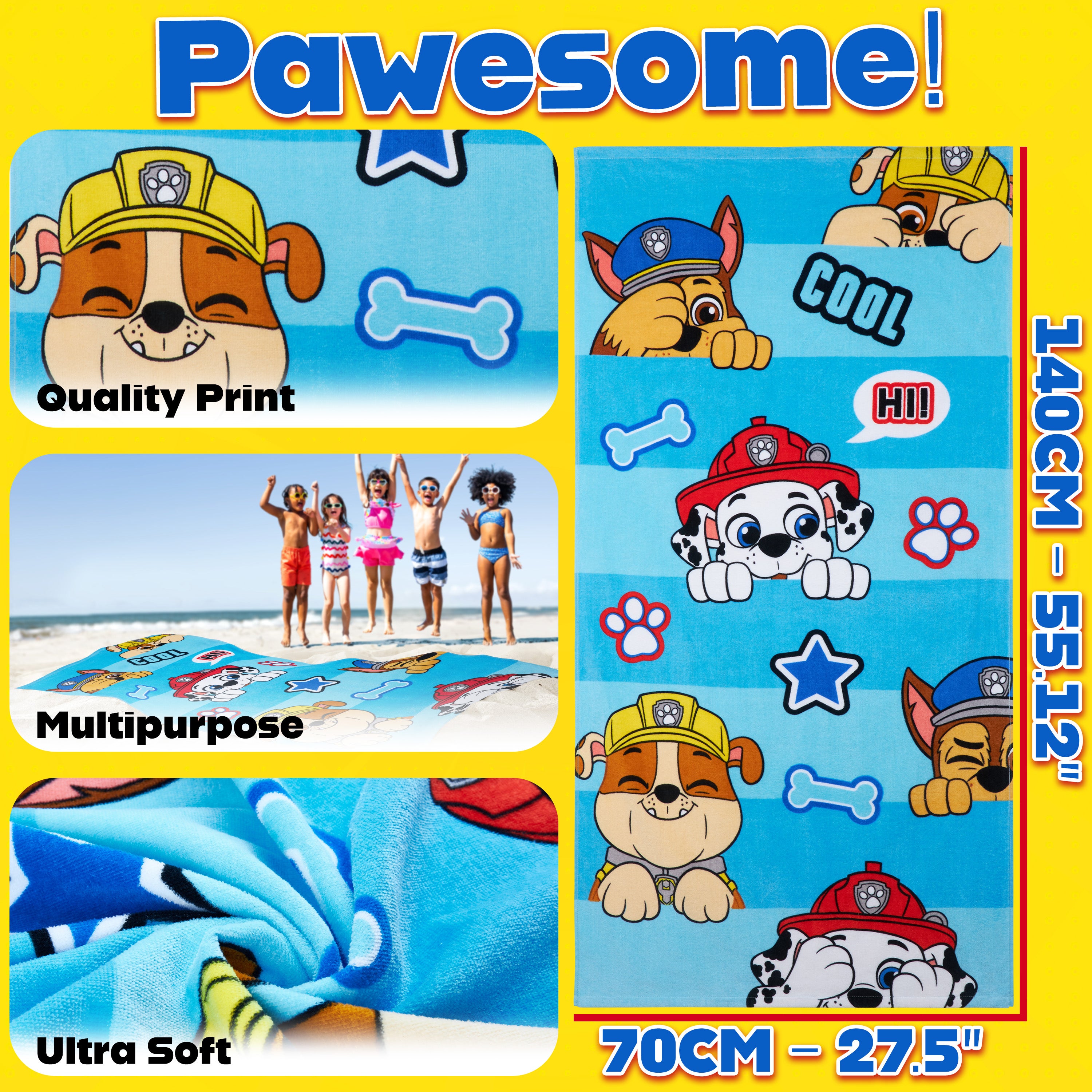 Paw Patrol Towel Kids Toddlers Super Soft Absorbent Bath Shower Swimming Beach Towel 100% Cotton Marshall Chase Rubble Holiday Essentials 140x70cm - Get Trend