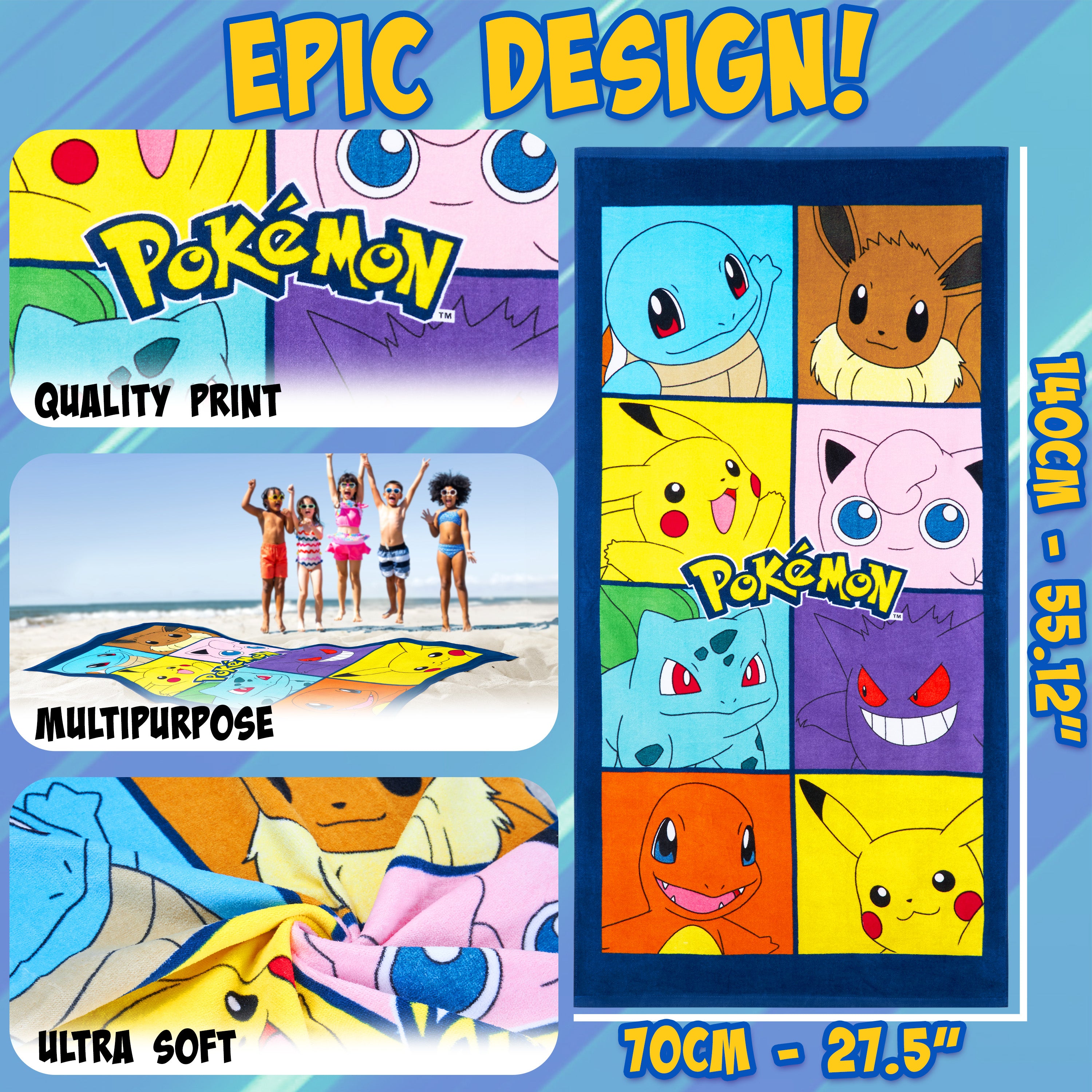 Pokemon Towel Kids Teens Super Soft Absorbent Anime Bath Shower Swimming Beach Towel 100% Cotton Pikachu Gengar Eeevee Holiday Essentials 140x70cm - Get Trend