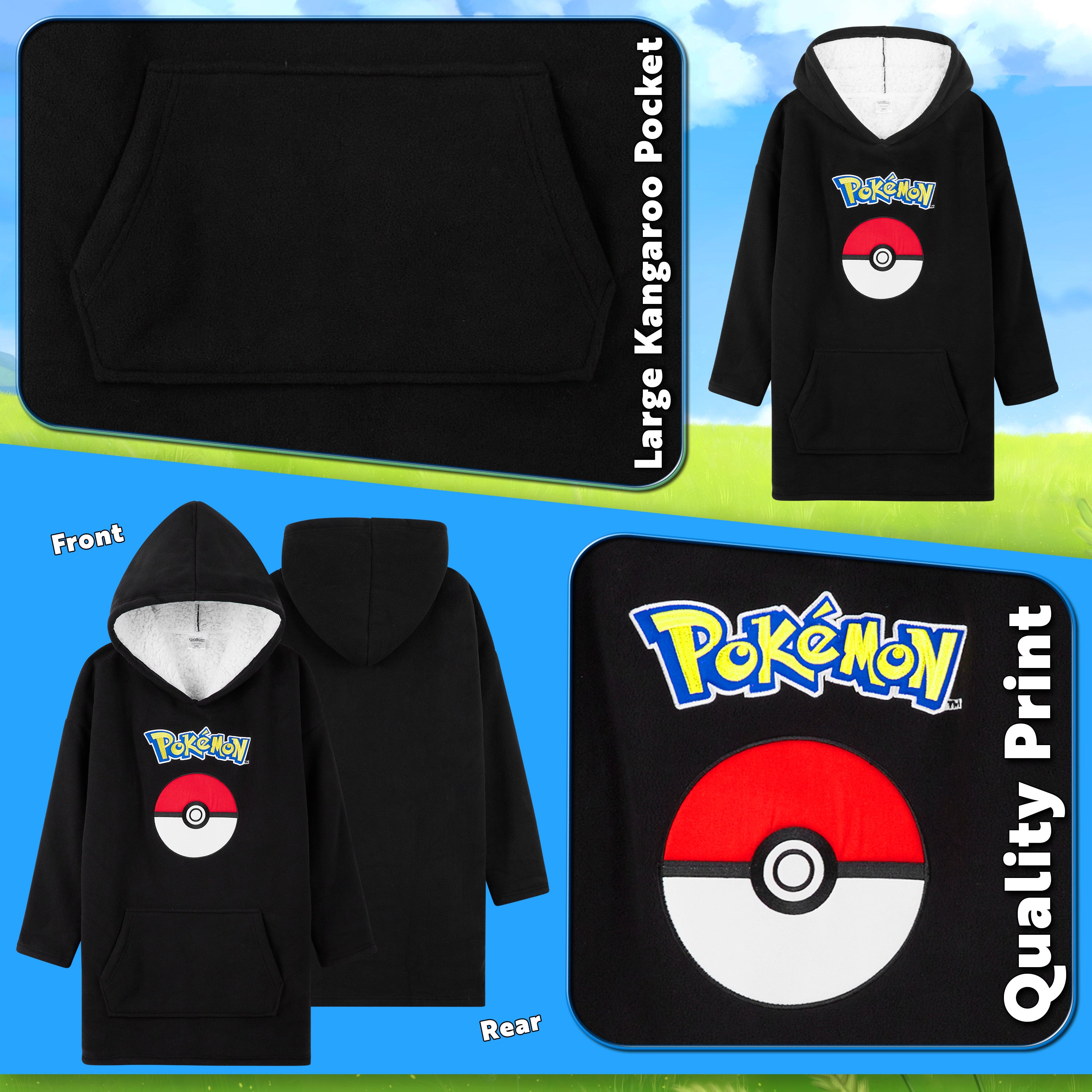 Pokemon Fleece Hoodie Blanket for Kids and Teenagers - Black - Get Trend