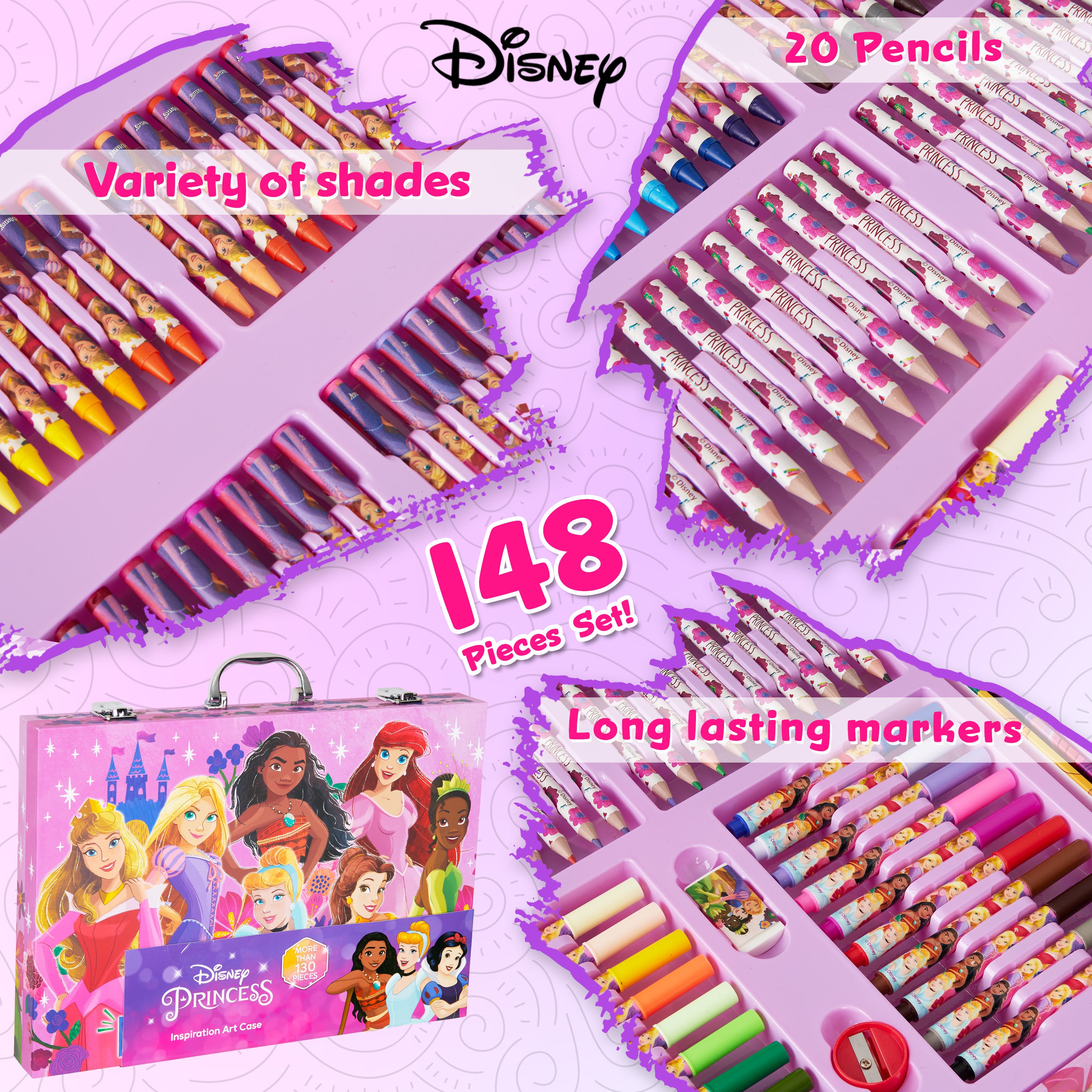 Disney Art Set for Kids 130+ Pieces Colouring Pencils Colouring Crayons Princess Art - Get Trend