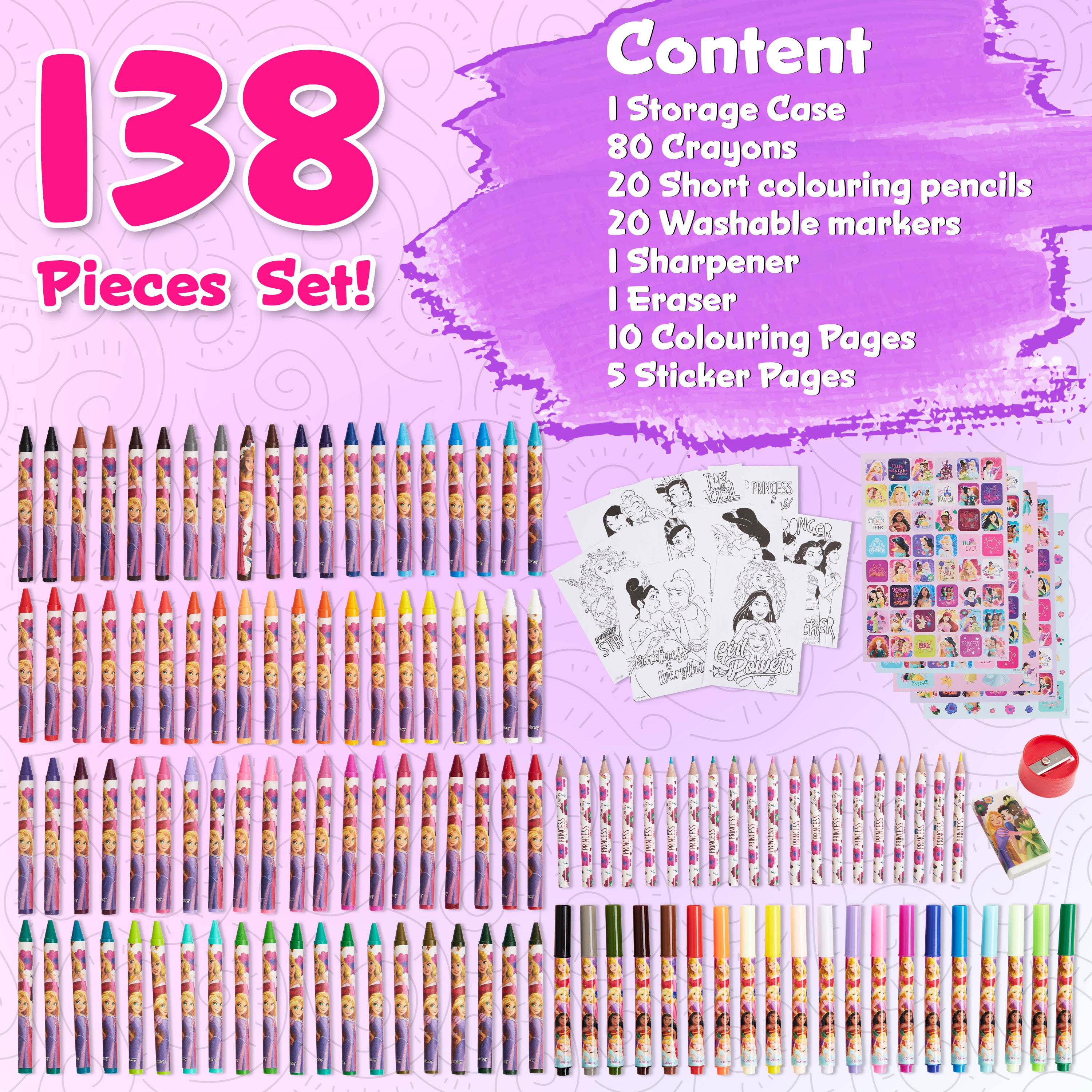 Disney Art Set for Kids 130+ Pieces Colouring Pencils - Multi Princess Set - Get Trend