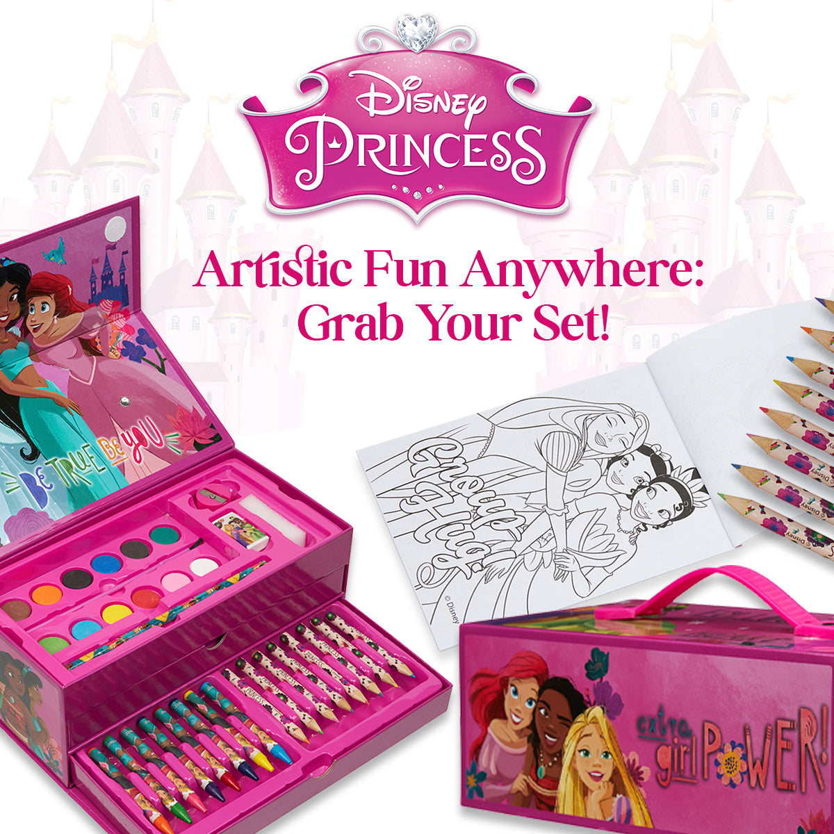Disney Princess Kids Colouring Sets - 40 Plus Pieces Paints Colouring Pencils Crayons - Get Trend
