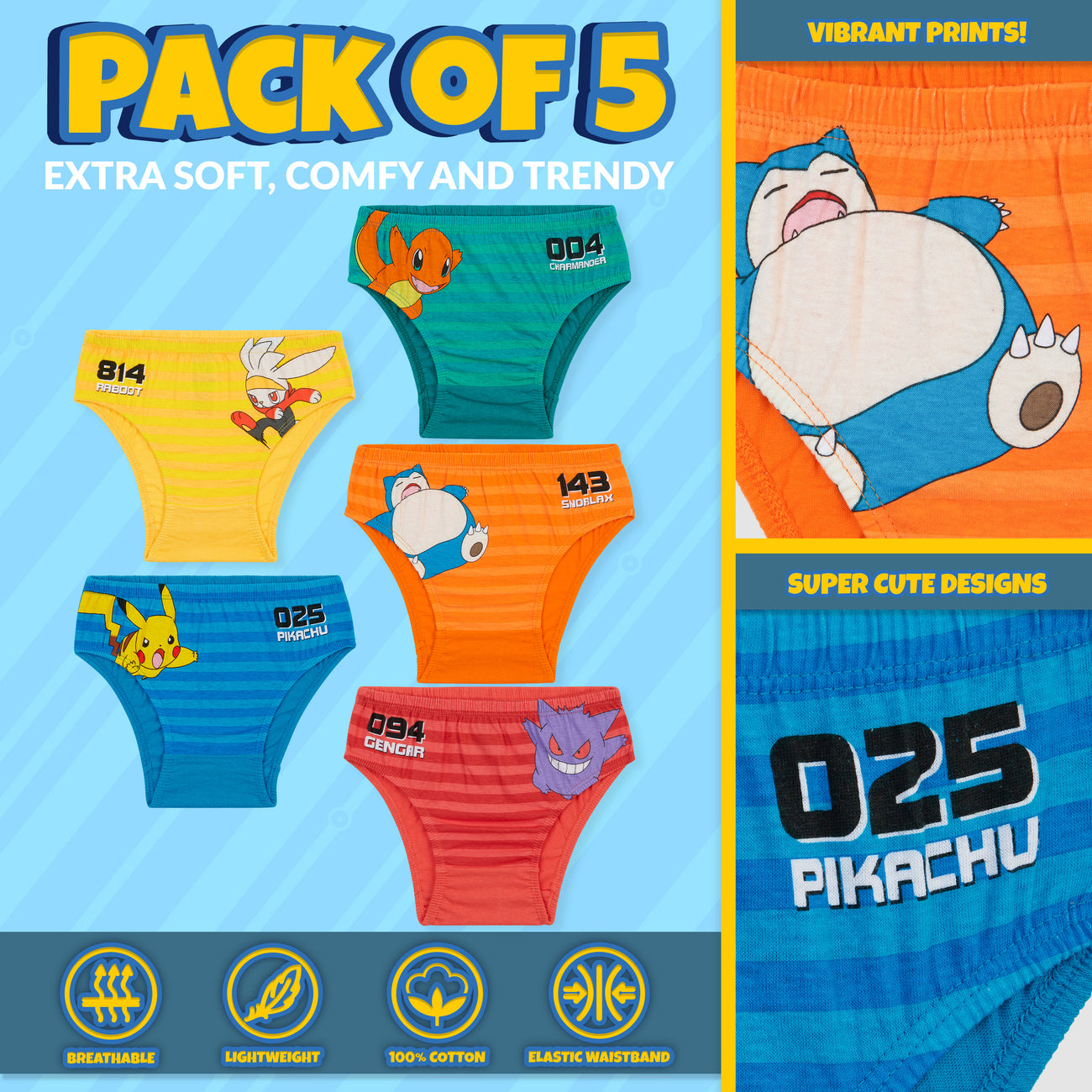 NWT 5 pack Pokémon briefs, 100% cotton, size 8