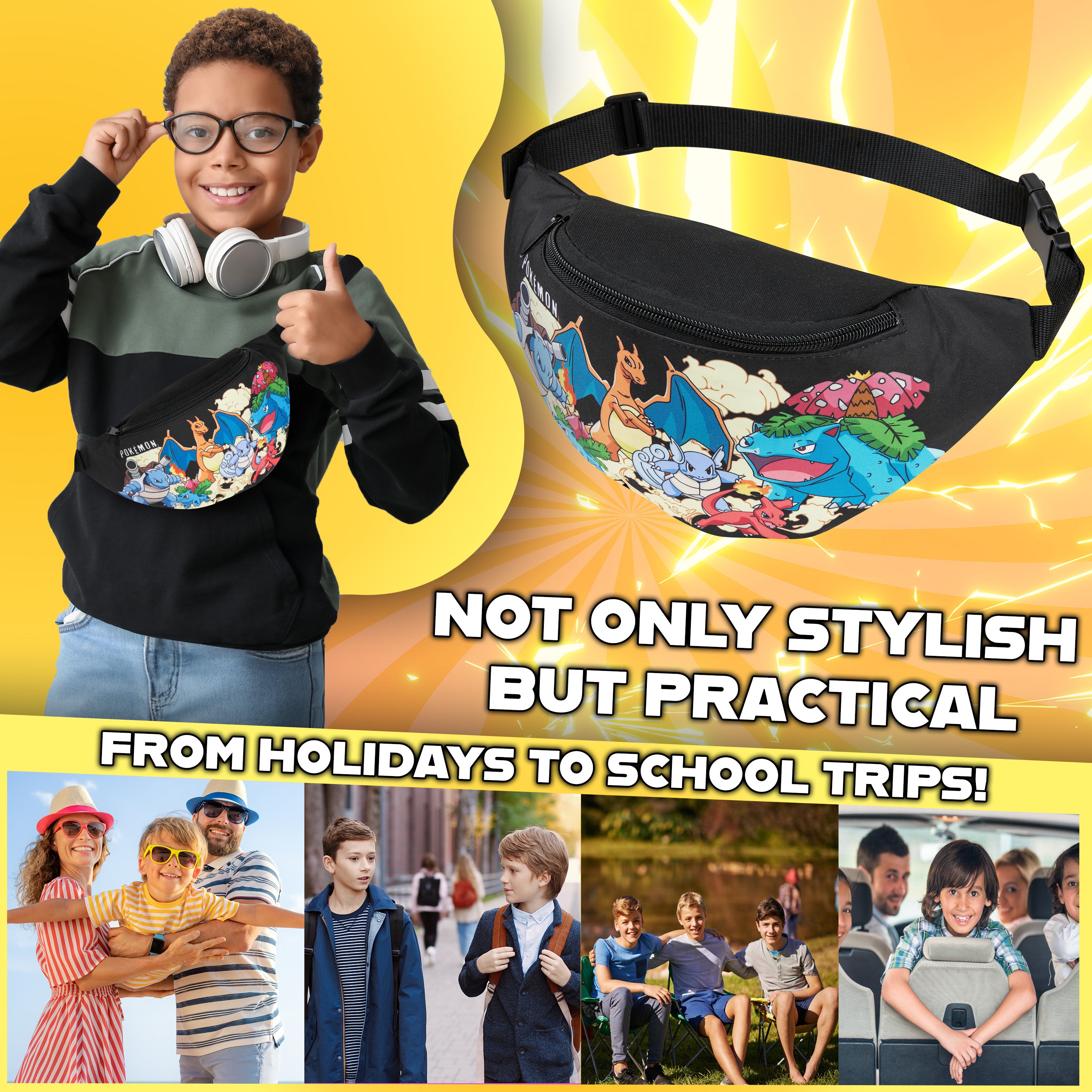 Pokemon Bum Bag for Kids Teenagers Fanny Pack Waist Bag Travel Pouch Lightweight for Travel Sports Holiday School Anime Gifts for Boys - Get Trend