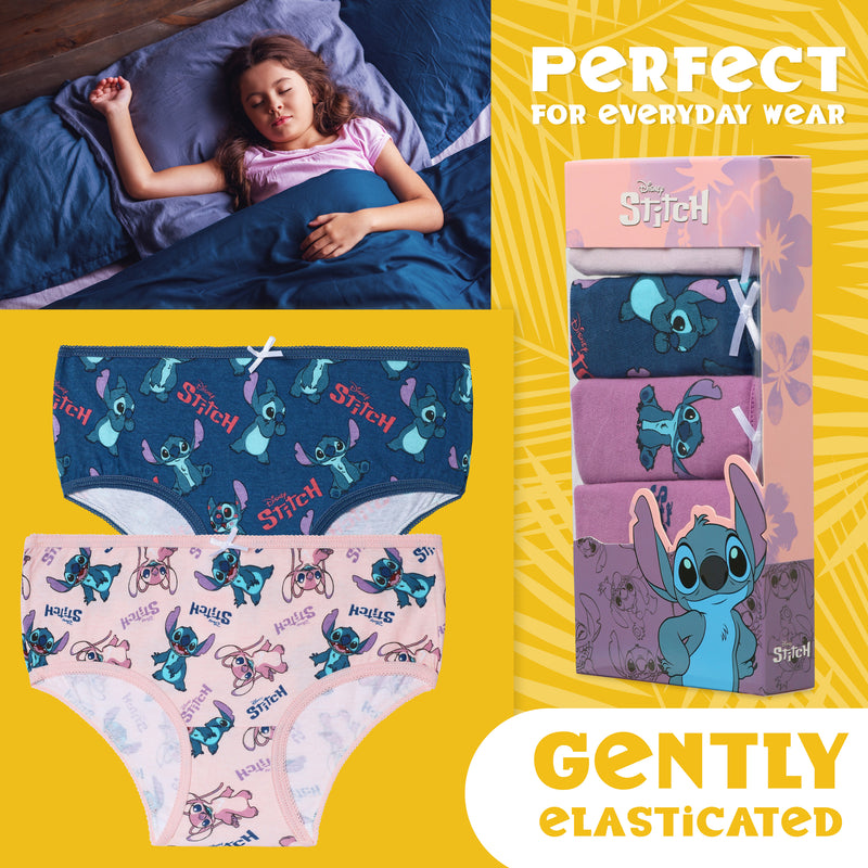 Disney Stitch Girls Knickers, Comfy Breathable Cotton Underwear for Kids -  Pack of 5