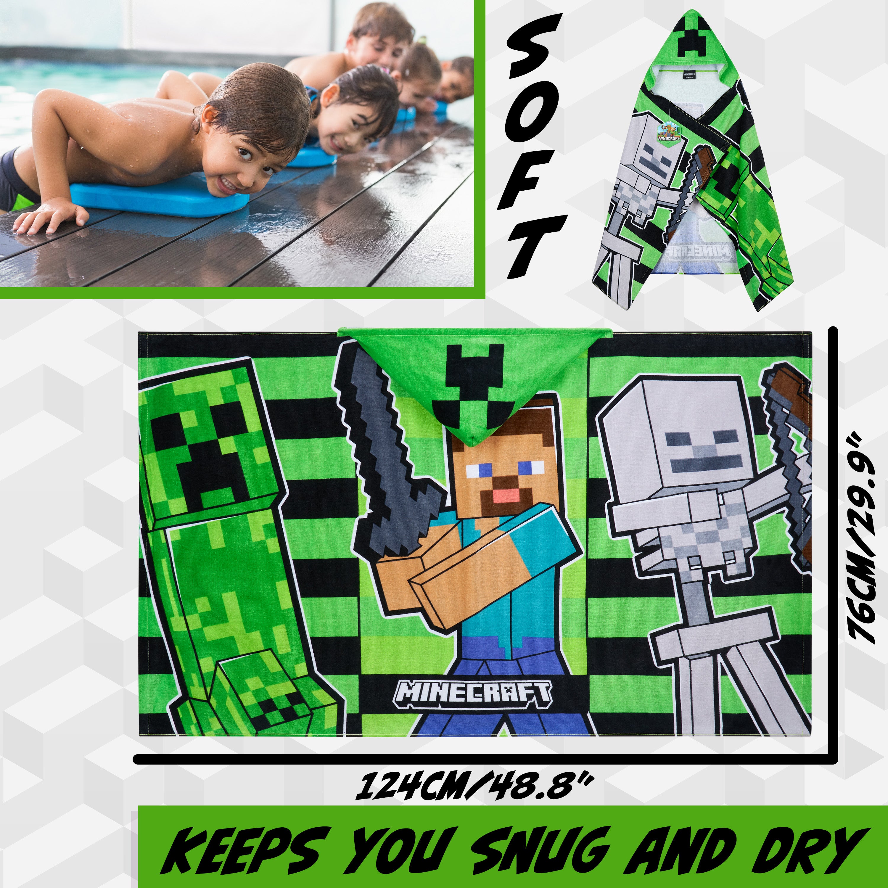 Minecraft Bath Towel with Hood for Kids and Teenagers Changing Robe Absorbent Creeper Poncho Towel for Swimming Bath Shower Beach Holiday Essentials (Black/Blue, 6-9 Years) - Get Trend