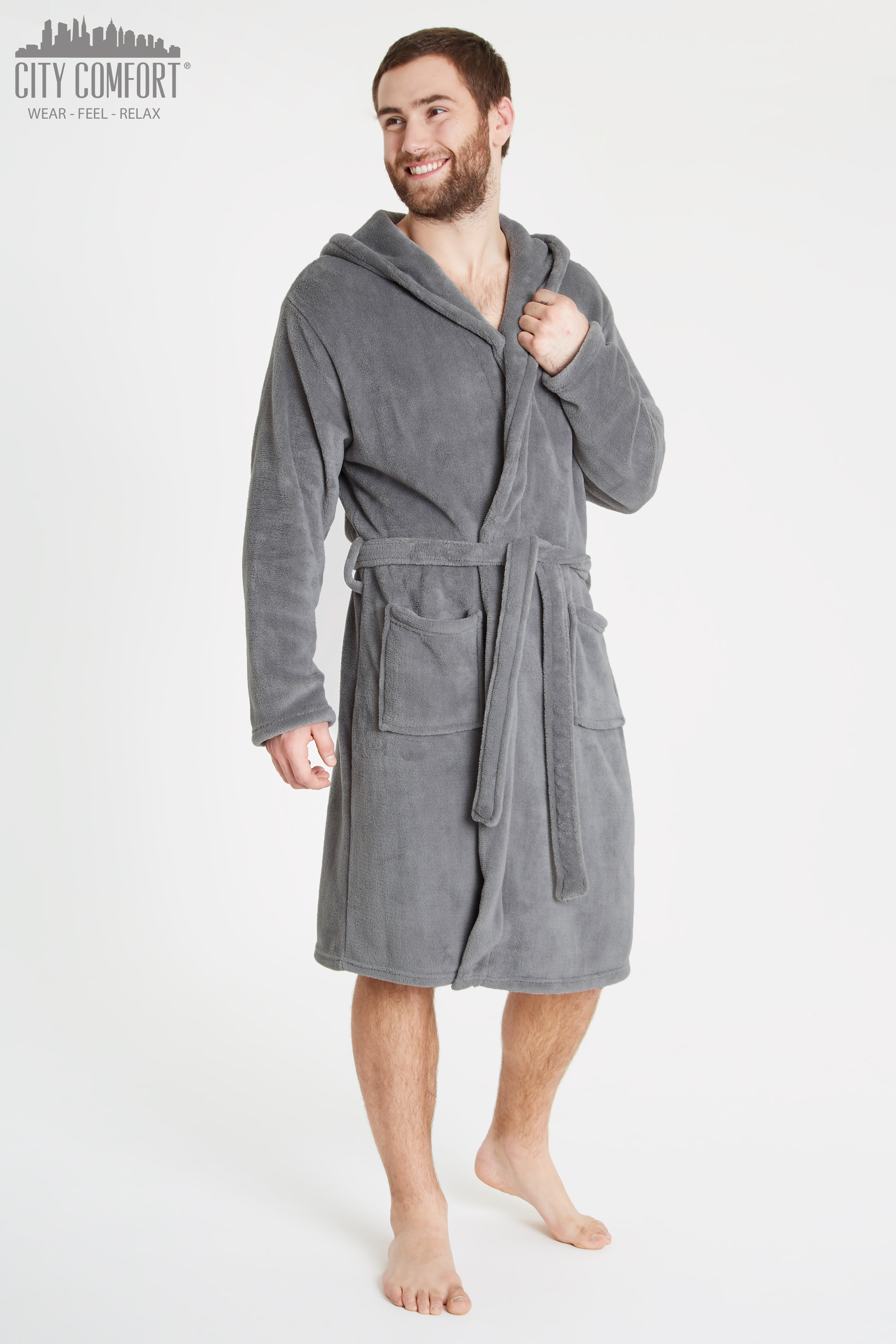 CityComfort Mens Dressing Gown, Shawl Collar or Hooded Bathrobe Super Soft Fleece Cosy Loungewear Adults Teens - Gifts for Him - Get Trend