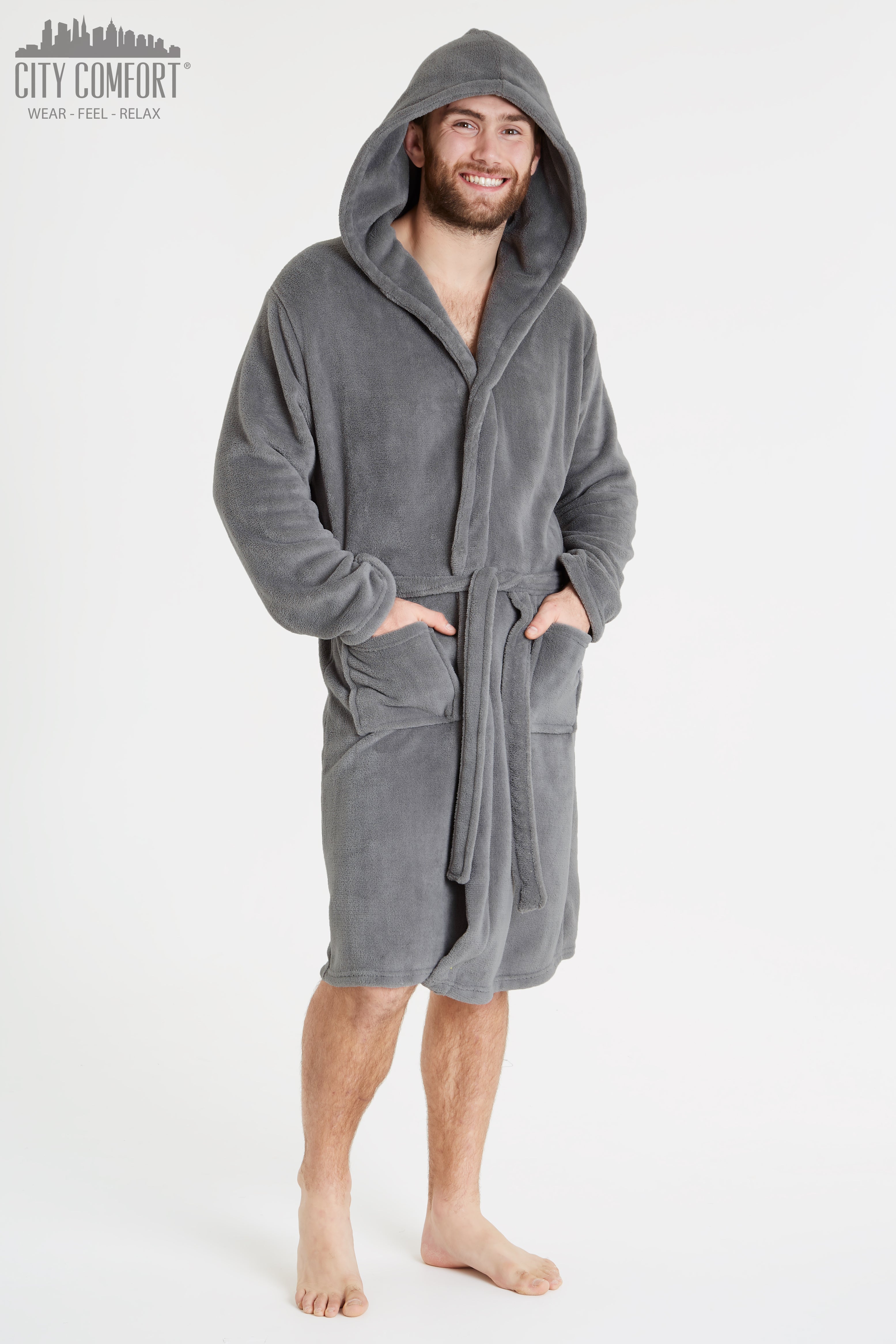 CityComfort Mens Dressing Gown, Shawl Collar or Hooded Bathrobe Super Soft Fleece Cosy Loungewear Adults Teens - Gifts for Him - Get Trend