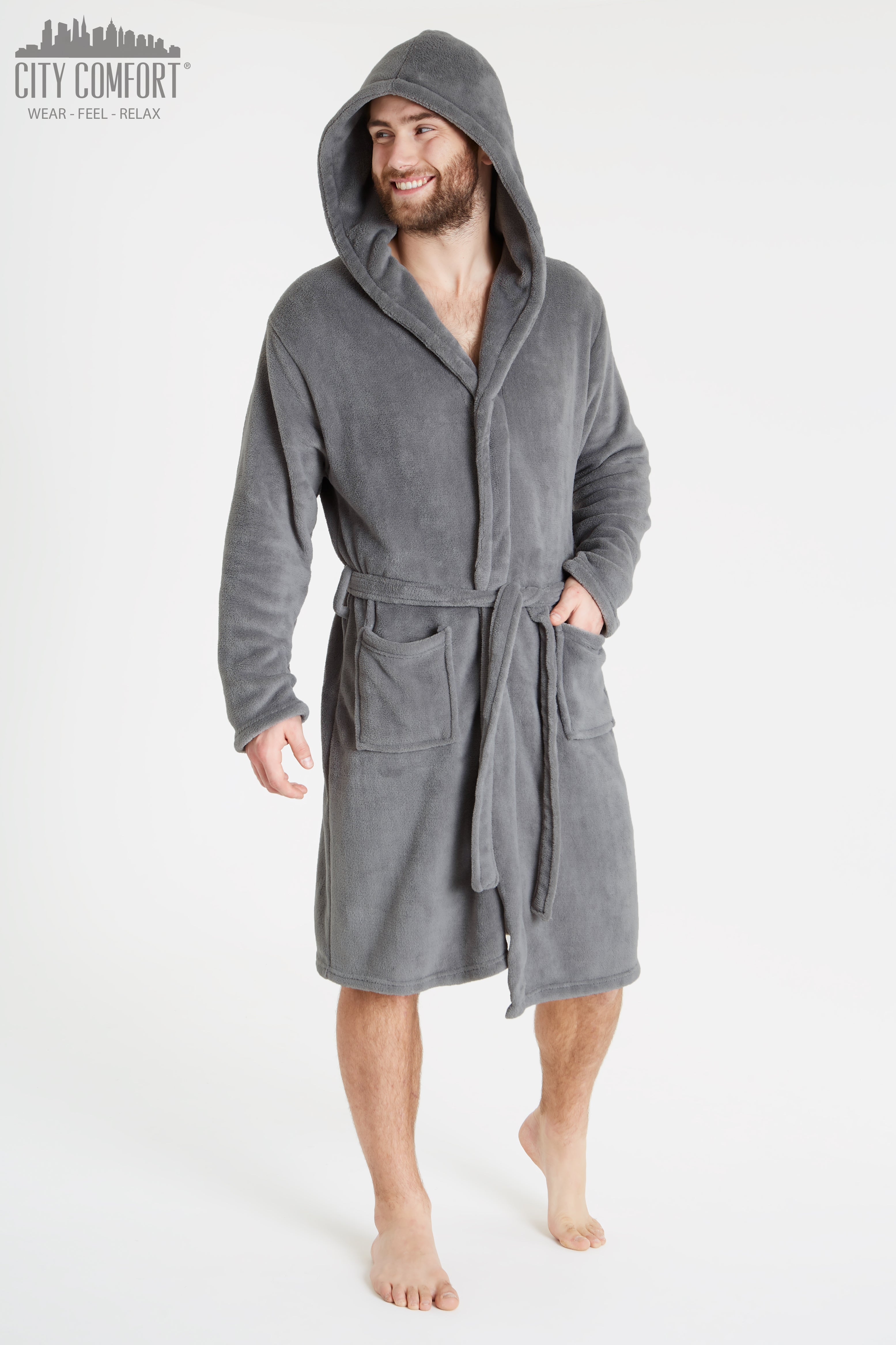 CityComfort Mens Dressing Gown, Shawl Collar or Hooded Bathrobe Super Soft Fleece Cosy Loungewear Adults Teens - Gifts for Him - Get Trend
