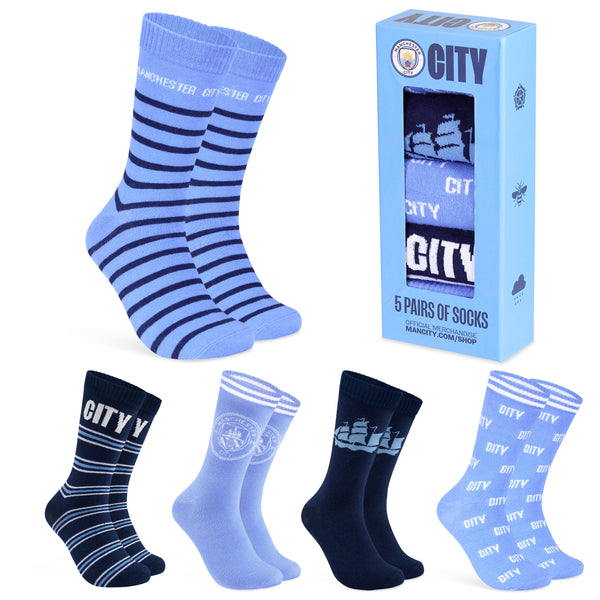 Manchester City FC Mens Socks - Pack of 5 Crew Socks for Men - Get Trend