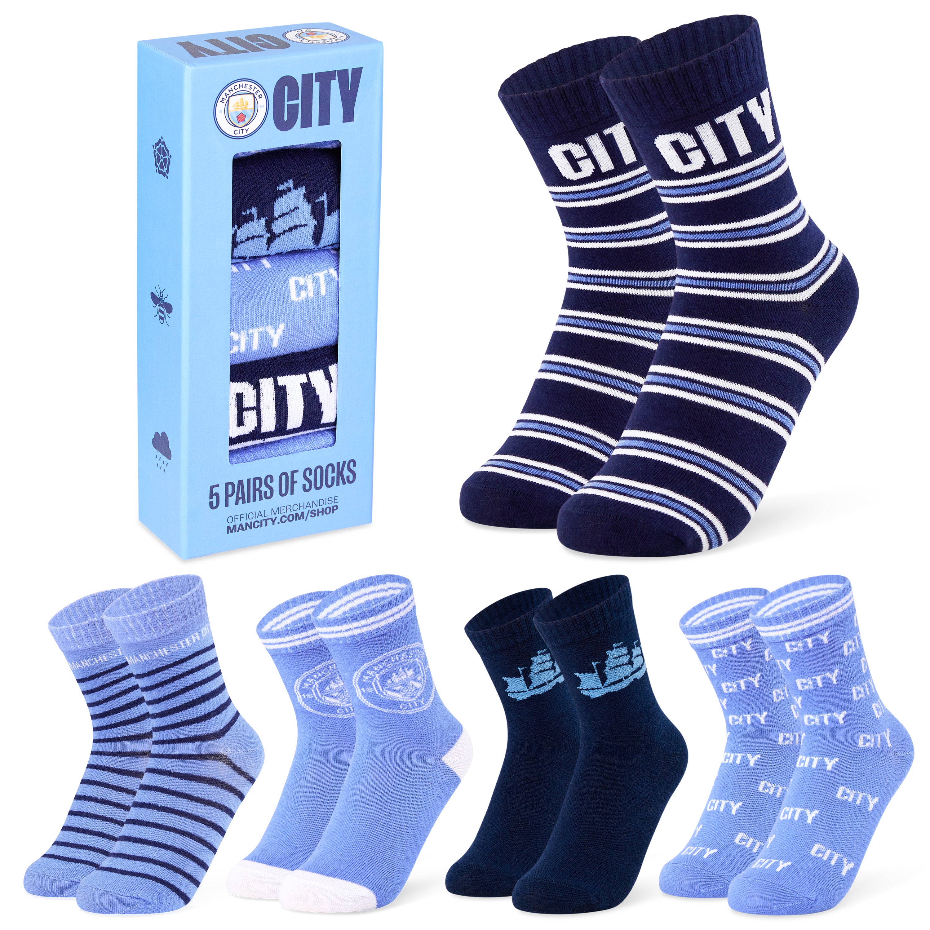 Manchester City FC Boys Socks - Pack of 5 Crew Socks for Boys - Get Trend