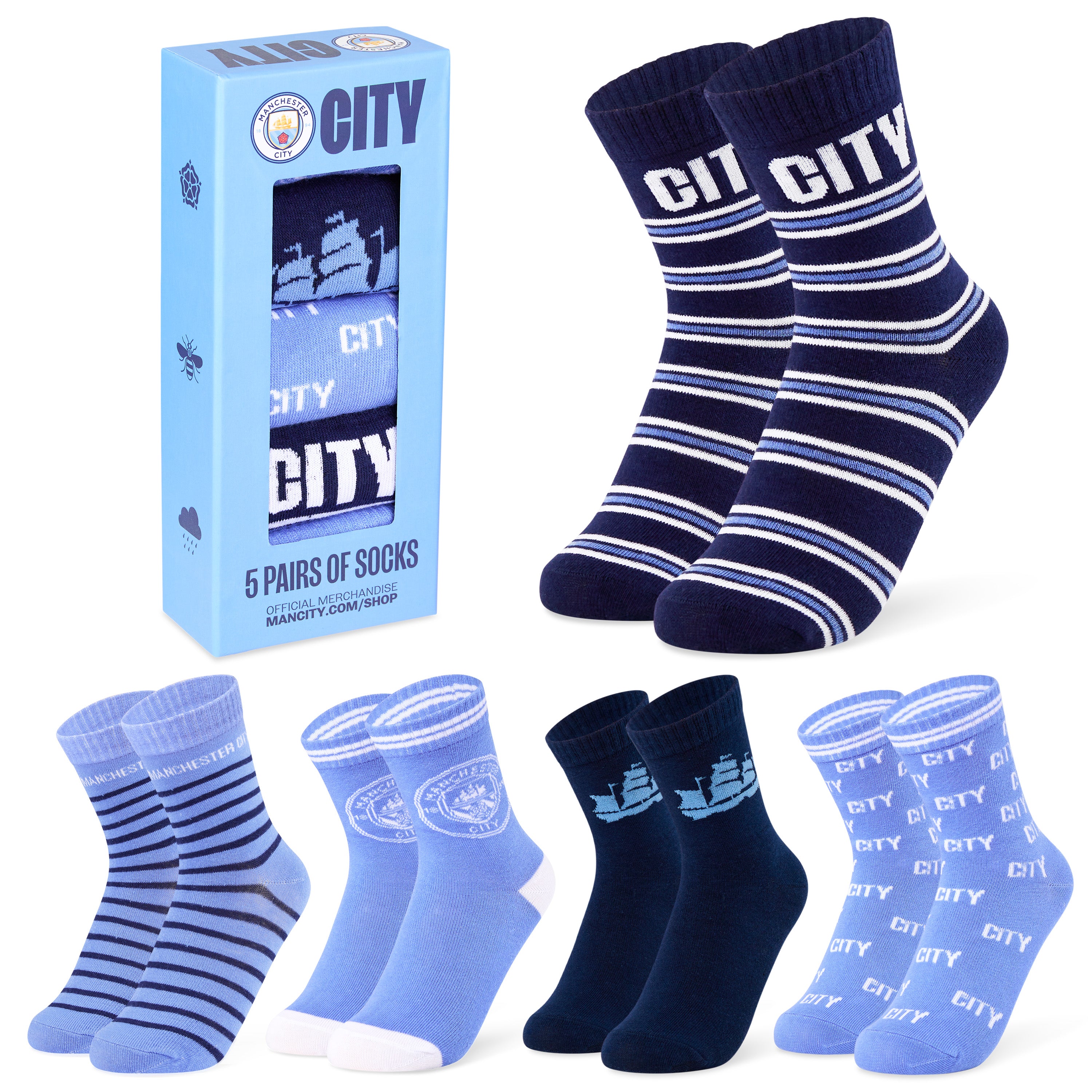 MANCHESTER CITY FC Boys Socks - Pack of 5 Crew Socks for Boys Teenagers - Get Trend