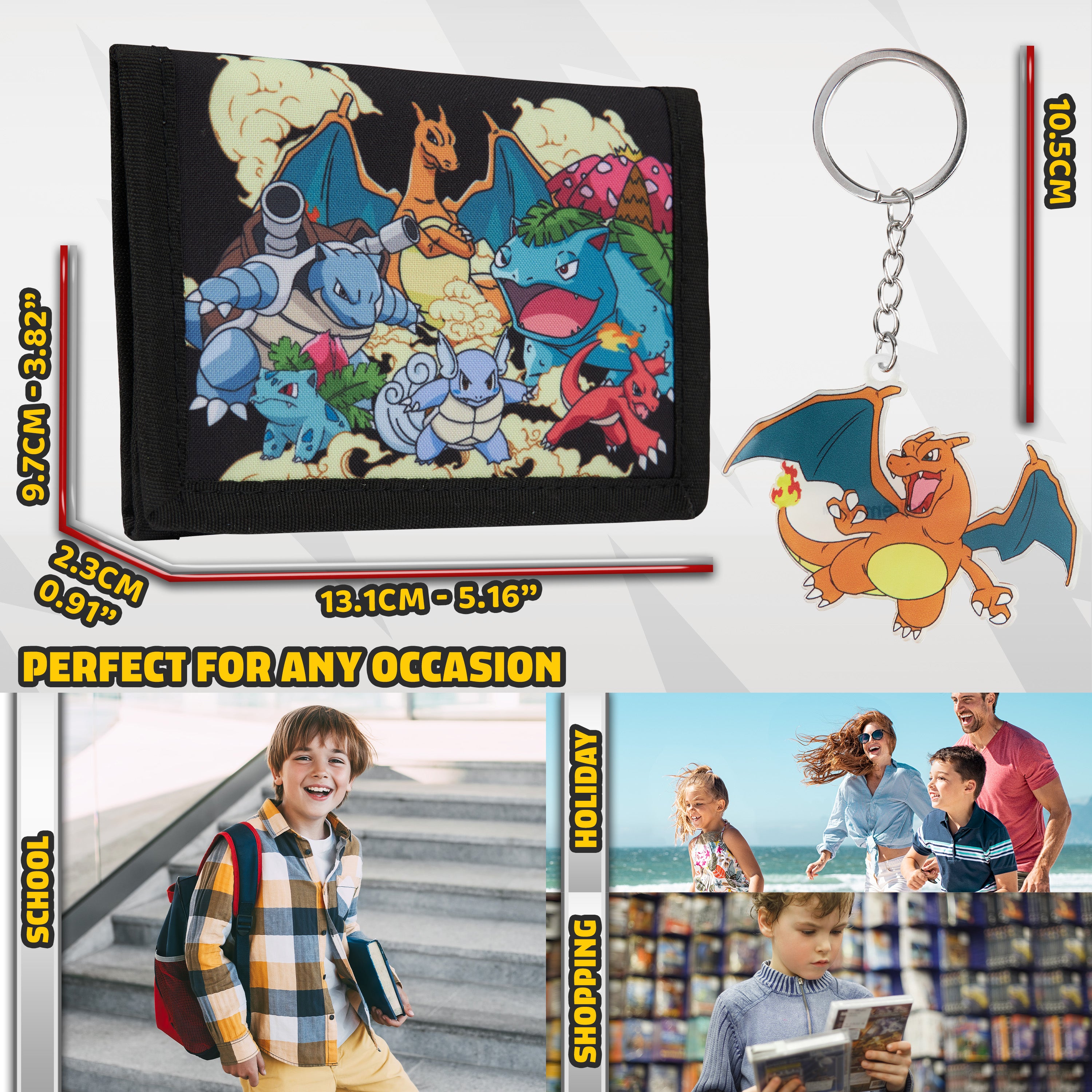 Pokemon Wallet Kids Teenagers Anime Trifold Canvas Wallet with ID Pocket Coin Purse & Keyring Pikachu Gift Set for Travel Outdoors Sports Gamer Gifts (Black/Multi) - Get Trend