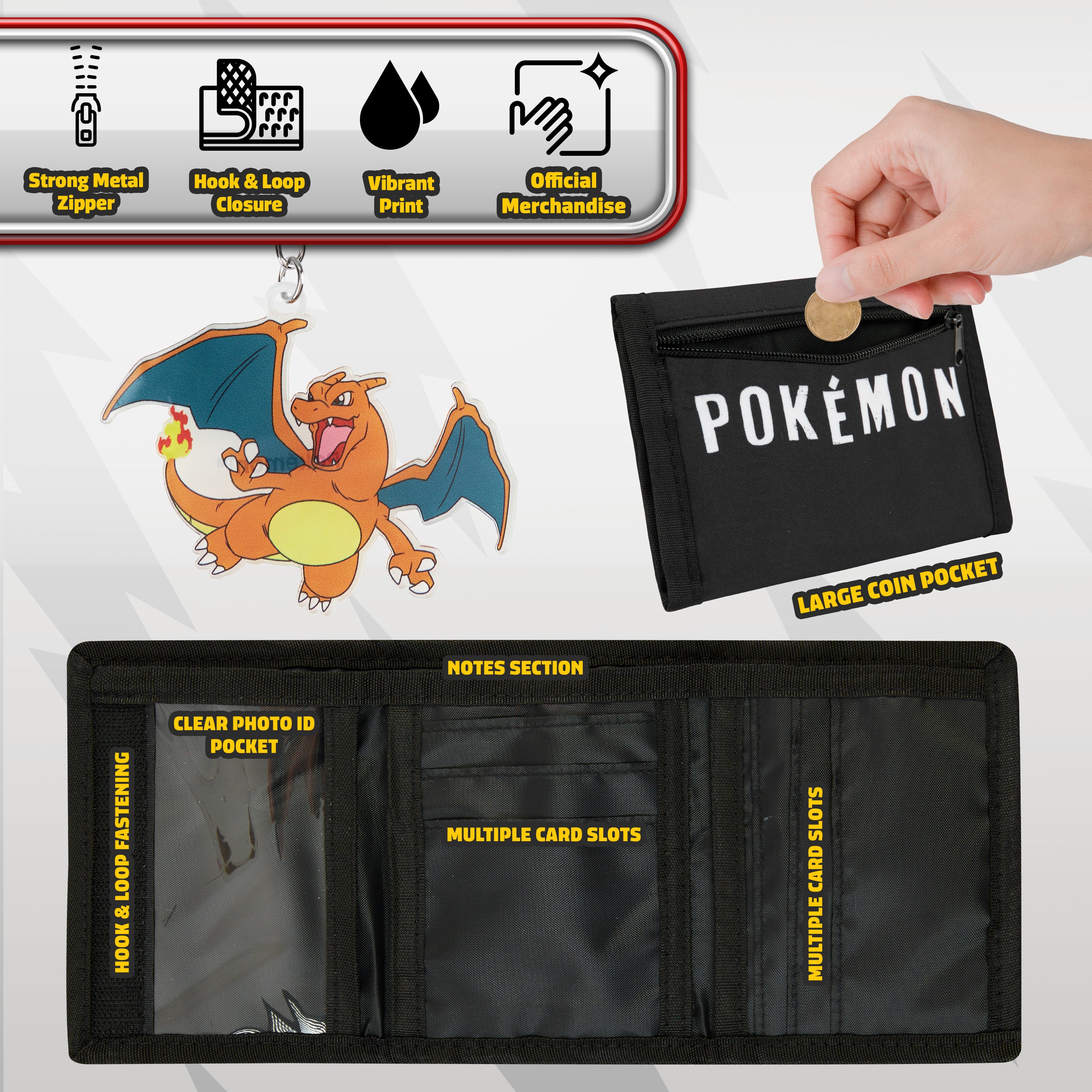 Pokemon Wallet Kids Teenagers Anime Trifold Canvas Wallet with ID Pocket Coin Purse & Keyring Pikachu Gift Set for Travel Outdoors Sports Gamer Gifts (Black/Multi) - Get Trend
