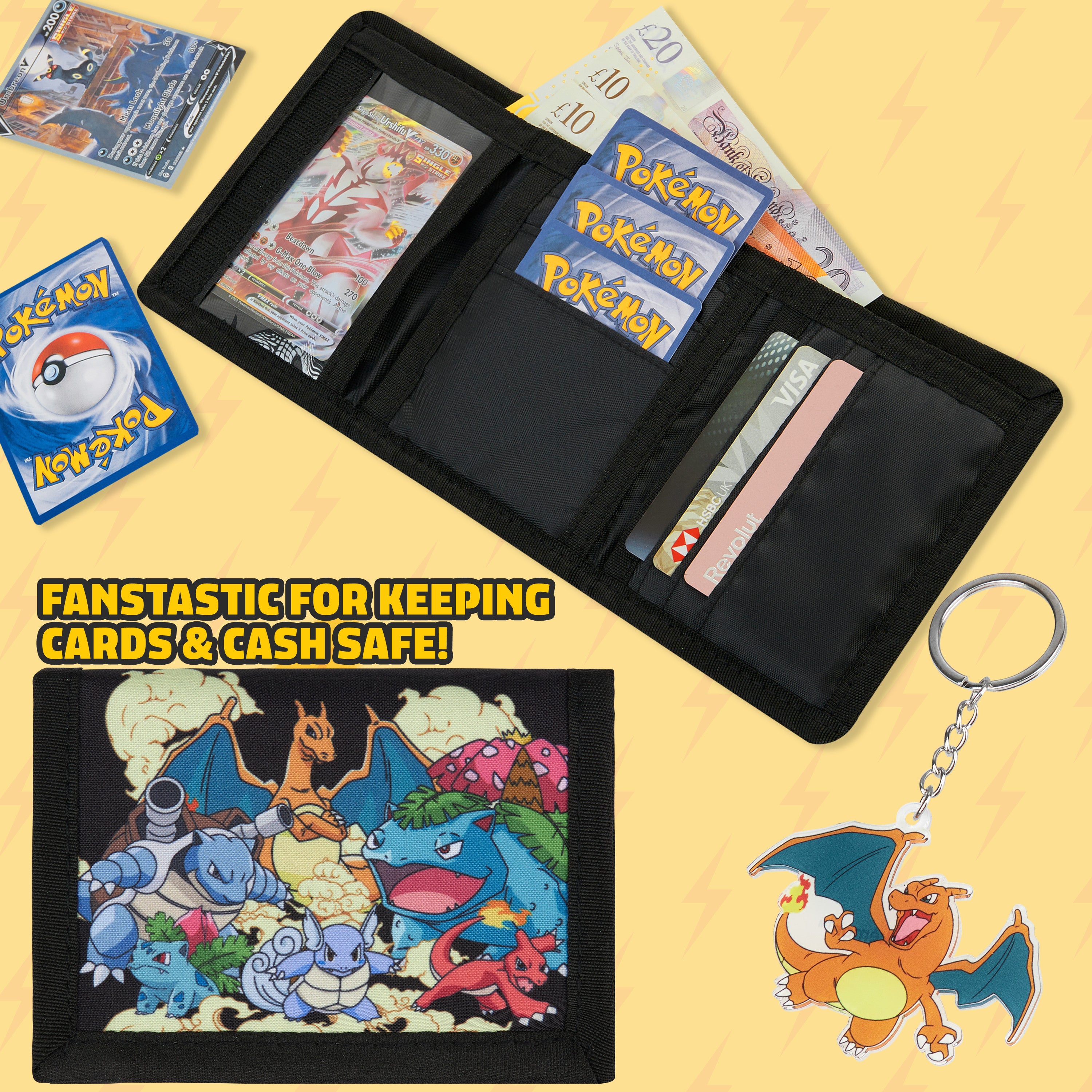 Pokemon Wallet Kids Teenagers Anime Trifold Canvas Wallet with ID Pocket Coin Purse & Keyring Pikachu Gift Set for Travel Outdoors Sports Gamer Gifts (Black/Multi) - Get Trend