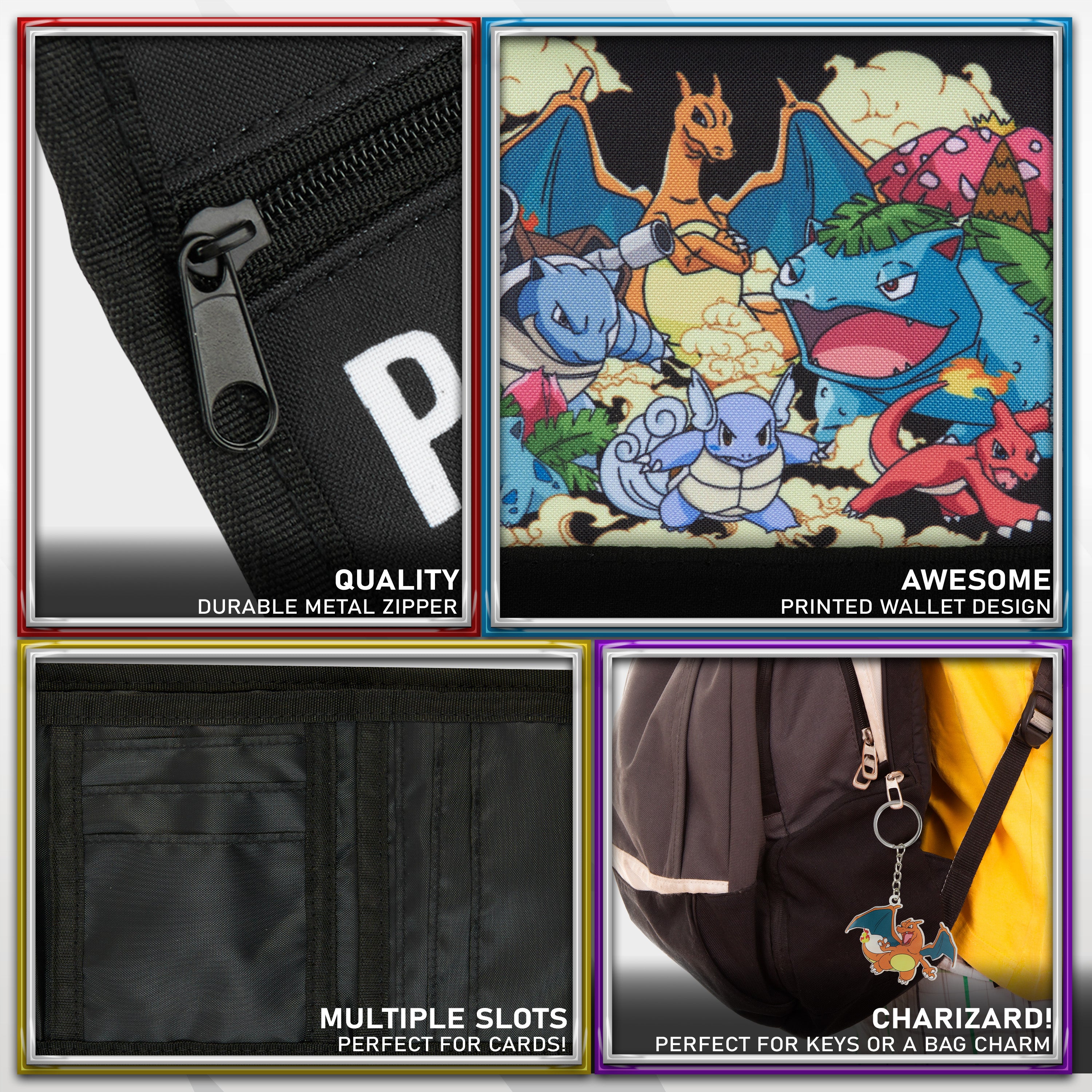 Pokemon Wallet Kids Teenagers Anime Trifold Canvas Wallet with ID Pocket Coin Purse & Keyring Pikachu Gift Set for Travel Outdoors Sports Gamer Gifts (Black/Multi) - Get Trend
