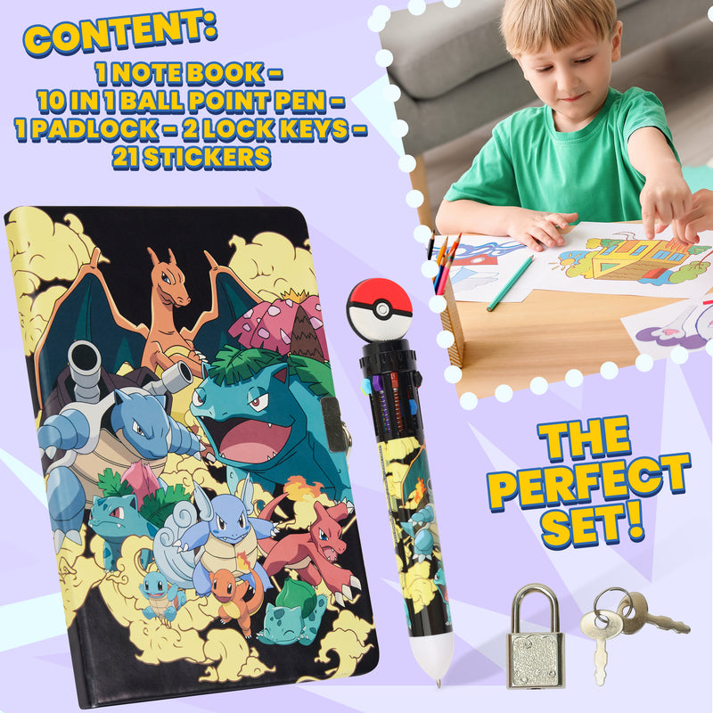 Pokemon Stationery Supplies Set - Kids Diary with Lock, Notebook, Pencil Case, Pens