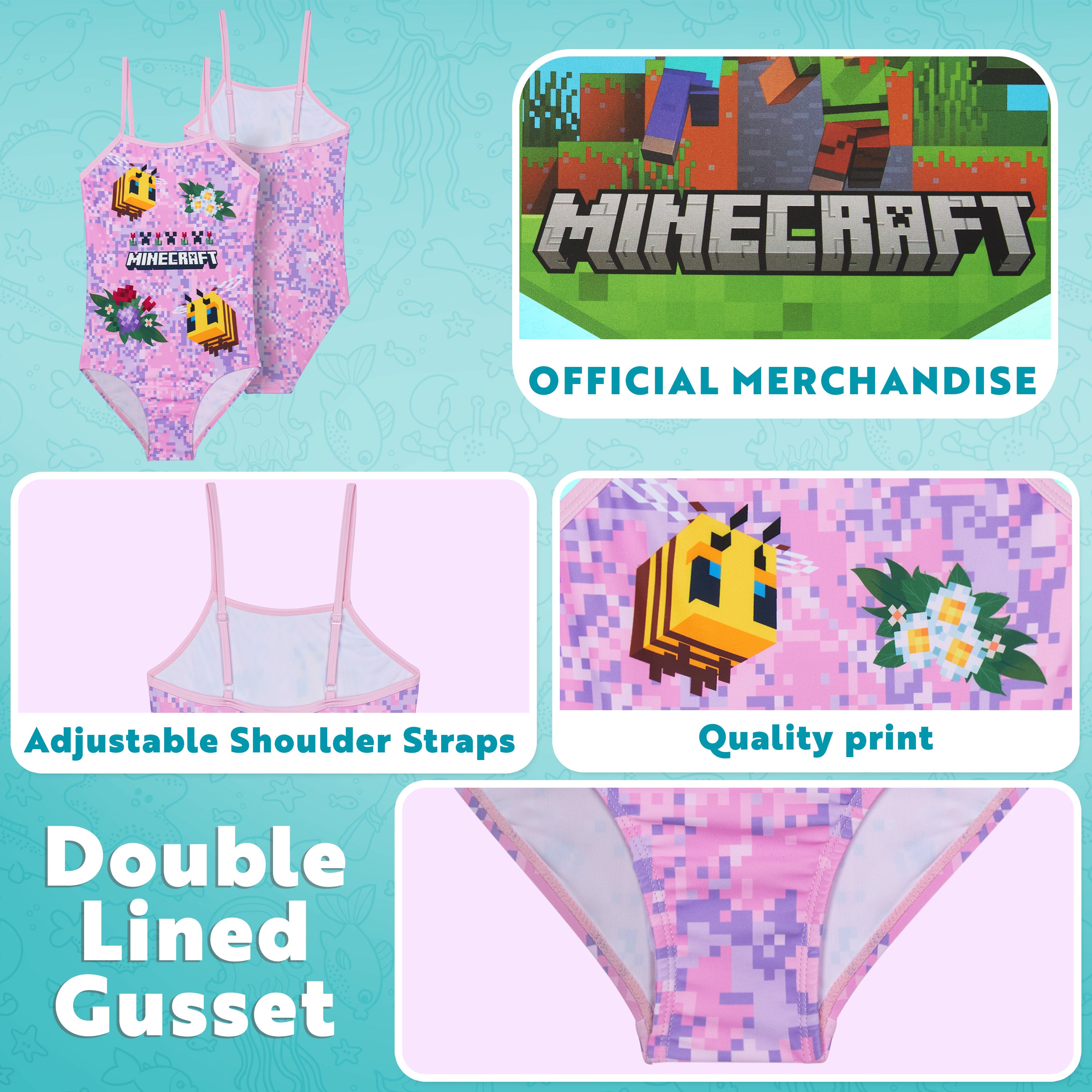 Get Trend Minecraft | Girls Swimming Costume Toddlers One Piece Stretchy Swimsuit Comfortable Straps Swimwear for Beach Pool Swimming Holiday Essentials - Get Trend