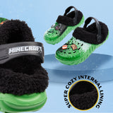 Minecraft Boys Winter Clogs Fleece Lining & Charms, Kids Teens Garden Shoes Slip On with Strap