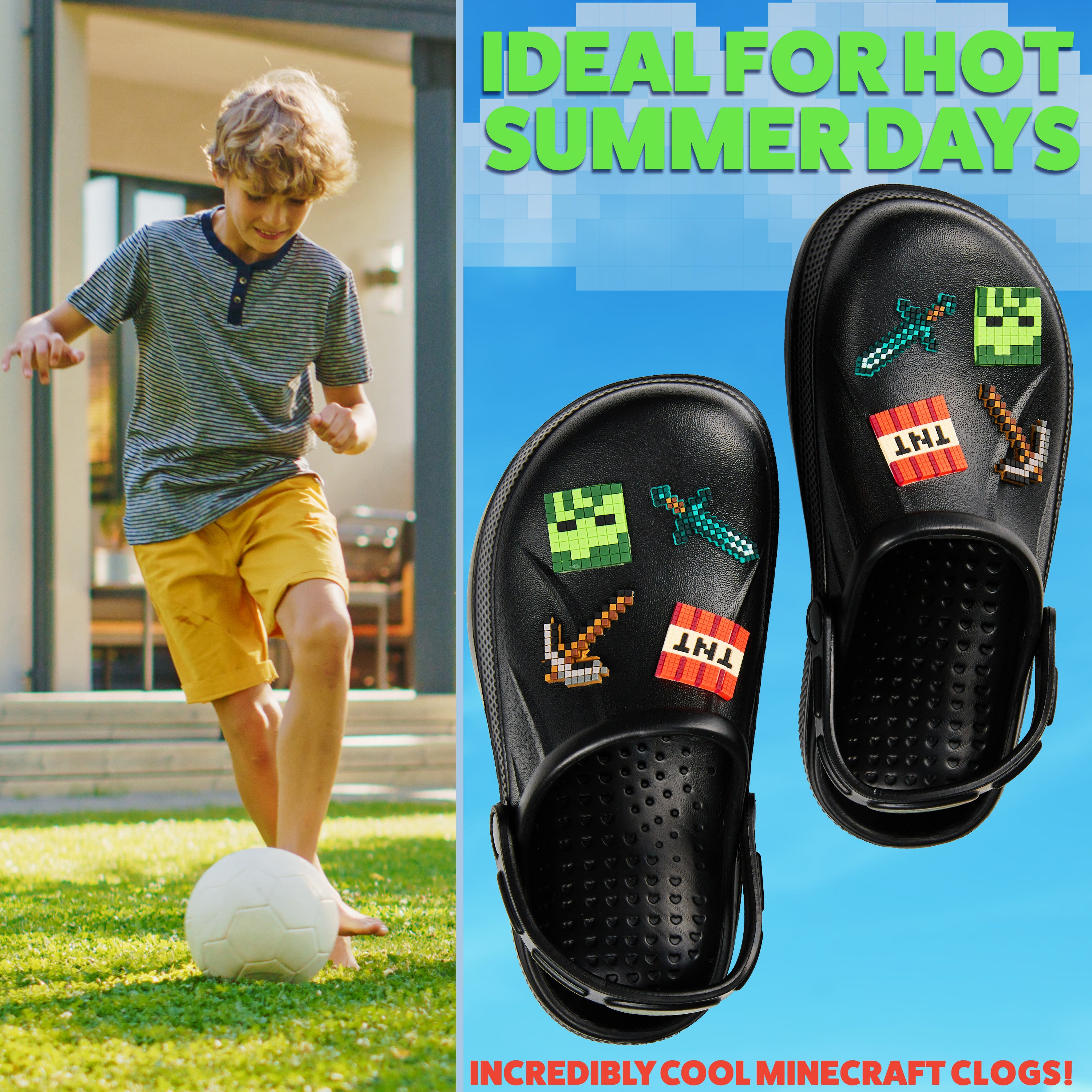 Minecraft Boys Clogs, Kids Summer Garden Shoes Removable Shoe Charms for Beach, Pool, Holiday Essentials Slip On with Strap, Gamer Gifts - Get Trend