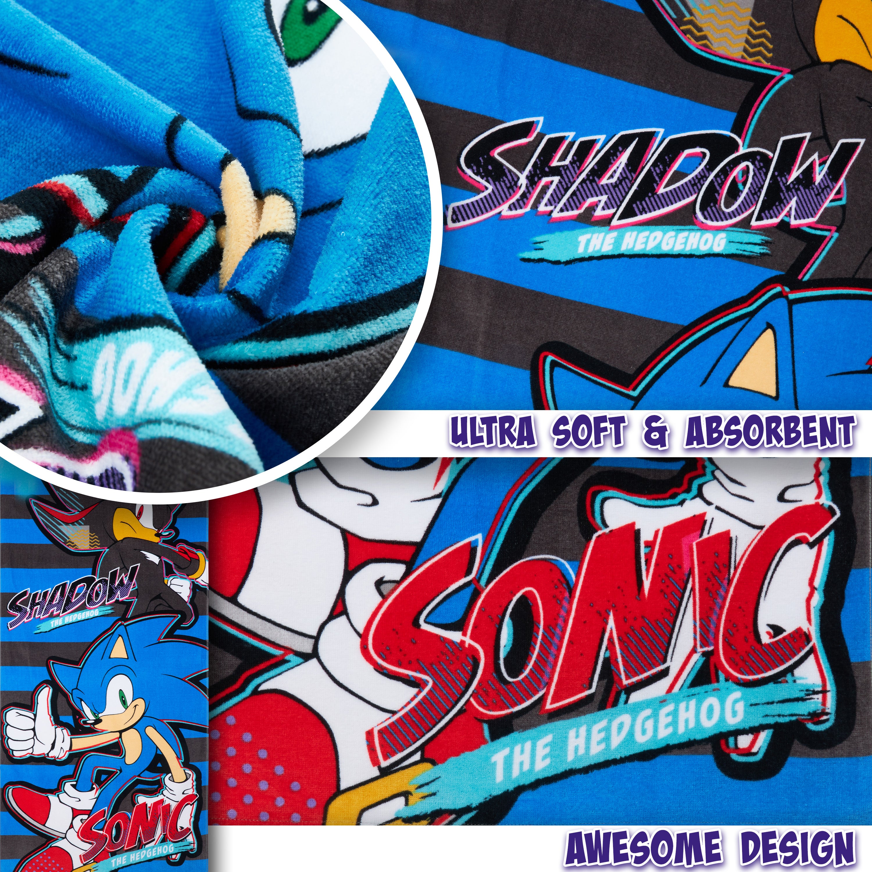 Sonic The Hedgehog Towel for Kids Teenagers Soft Absorbent Bath Shower Swimming Beach Towel Quick Dry 100% Cotton Shadow Holiday Essentials 140 x 70cm (Multi, 70x140cm) - Get Trend