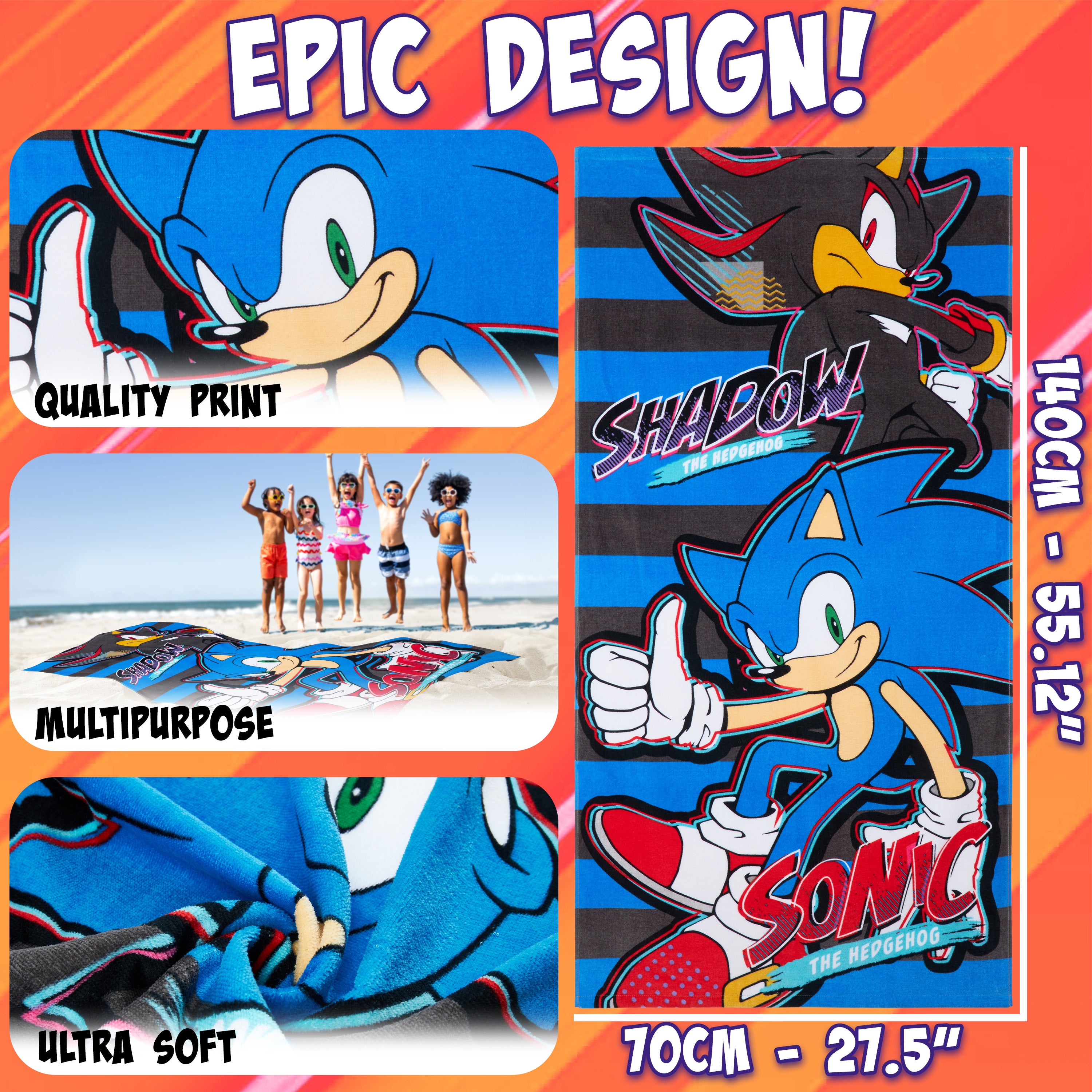 Sonic The Hedgehog Towel for Kids Teenagers Soft Absorbent Bath Shower Swimming Beach Towel Quick Dry 100% Cotton Shadow Holiday Essentials 140 x 70cm (Multi, 70x140cm) - Get Trend