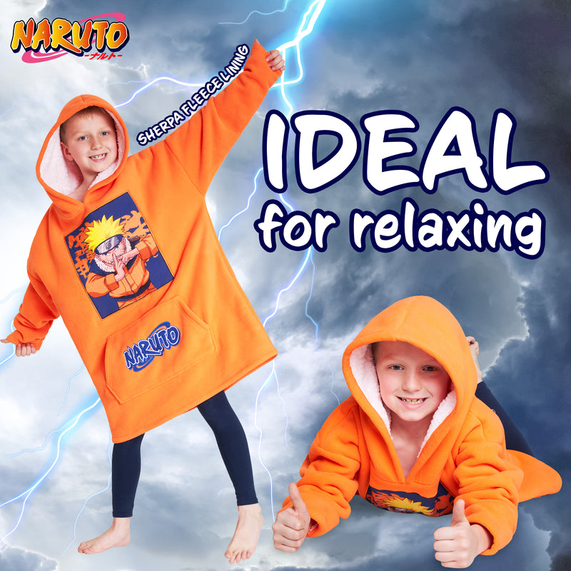 Naruto Fleece Hoodie Blanket for Boys and Teenagers - Orange