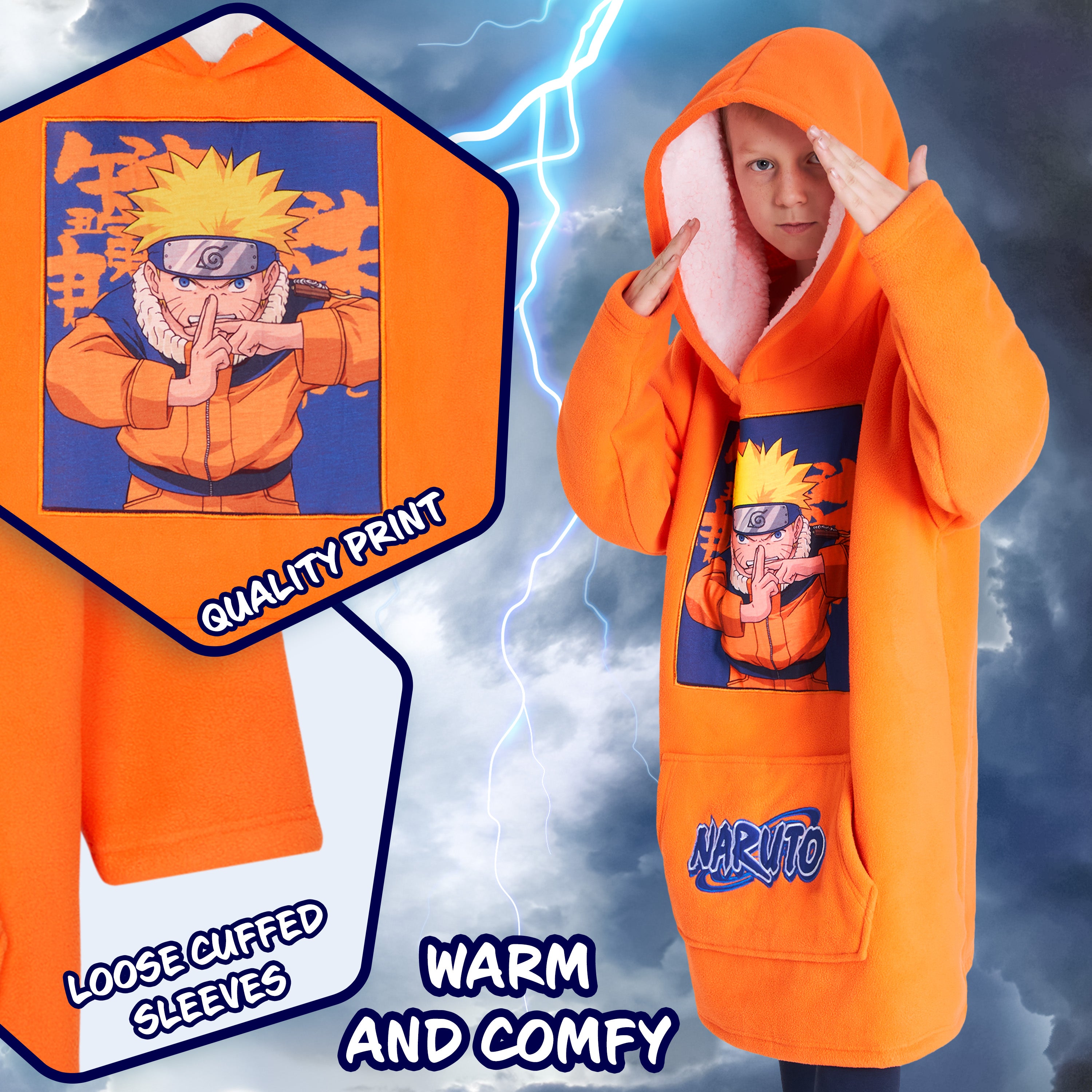 Naruto Fleece Hoodie Blanket for Boys and Teenagers - Orange - Get Trend