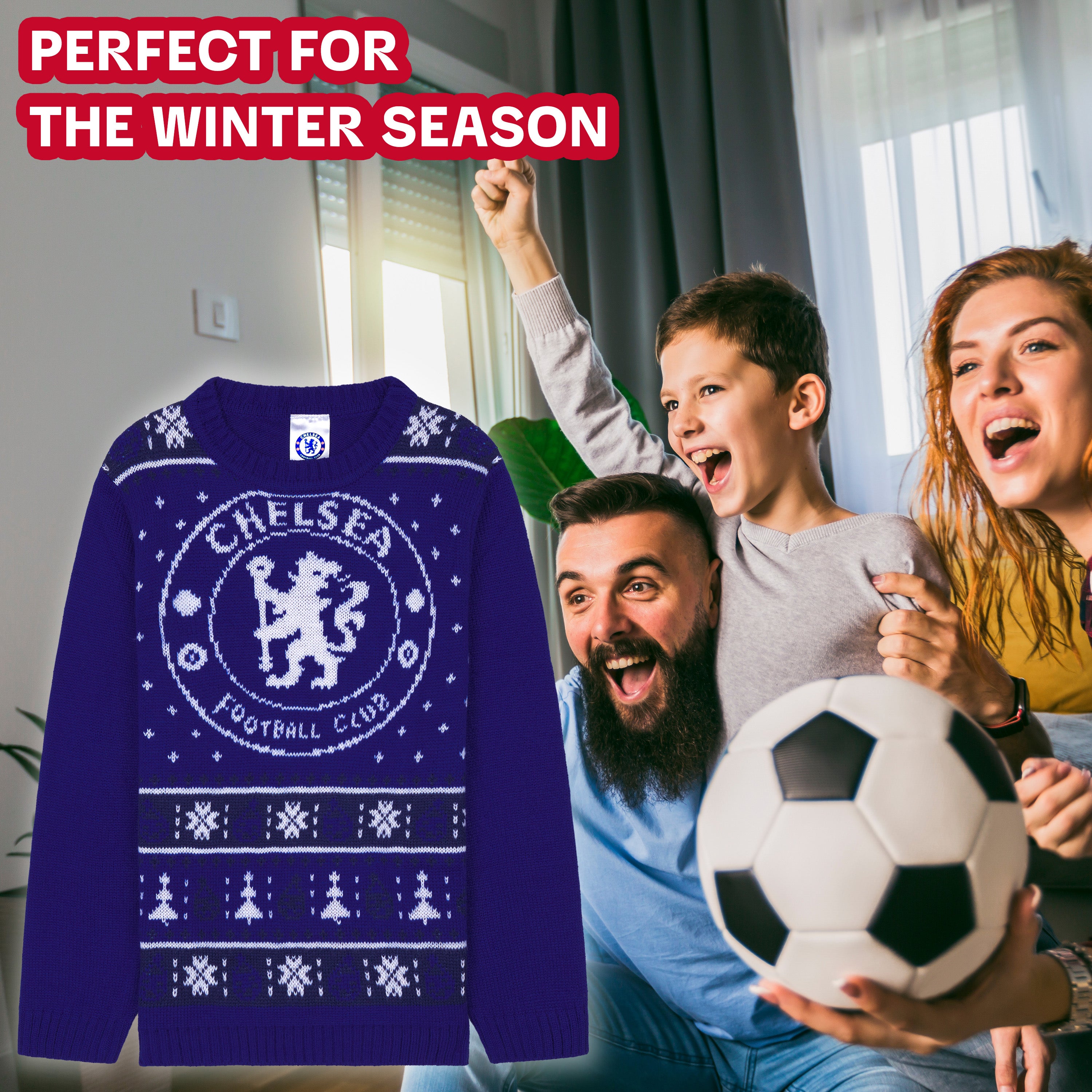 Chelsea FC Christmas Jumper Kids Teenagers Warm Cosy Football Xmas Jumper - Get Trend