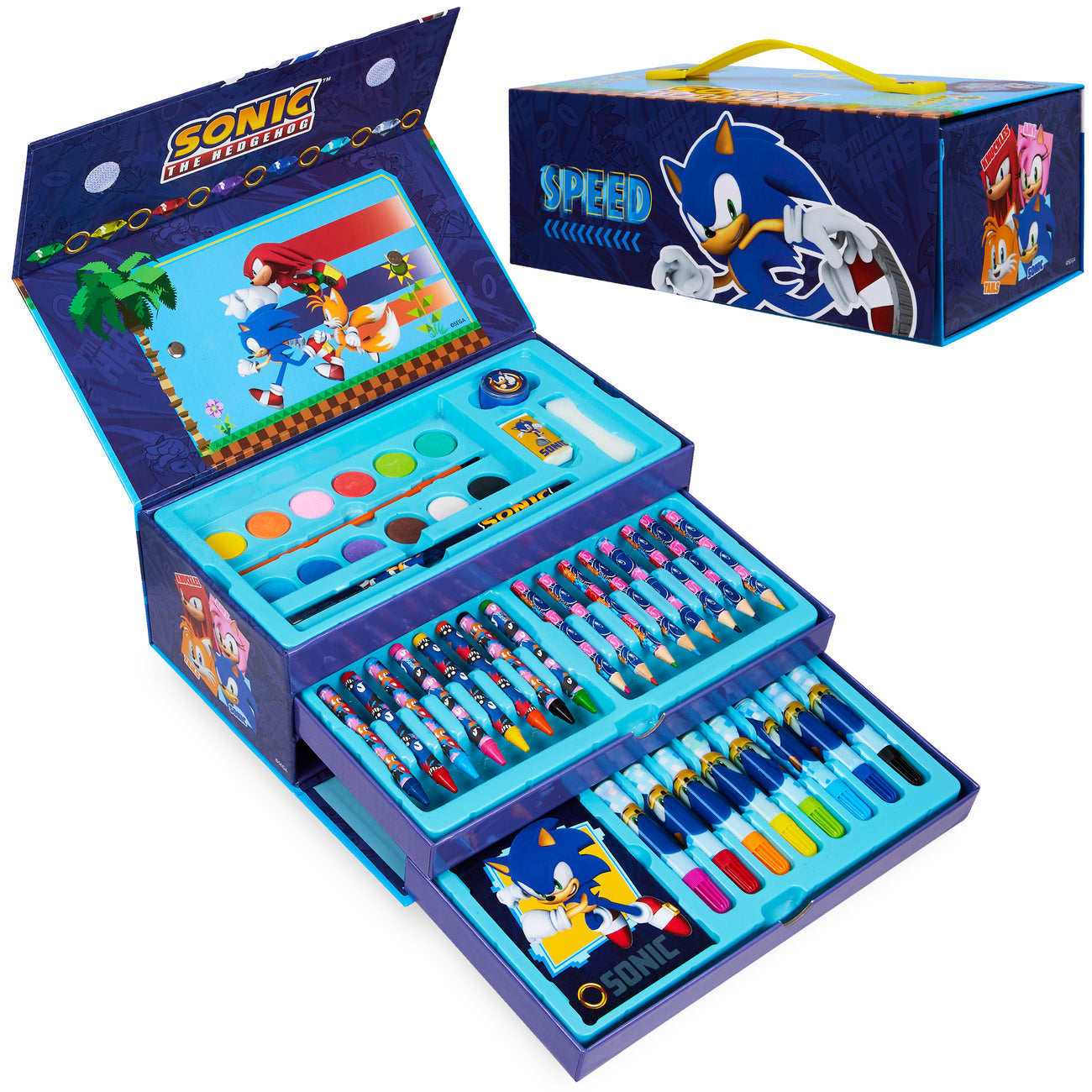 Game Party Sonic The Hedgehog Drawing and Painting Set for Boys - Sonic Gift Bundle with Coloring Book, Coloring Utensils, Watercolor Paints, Stickers