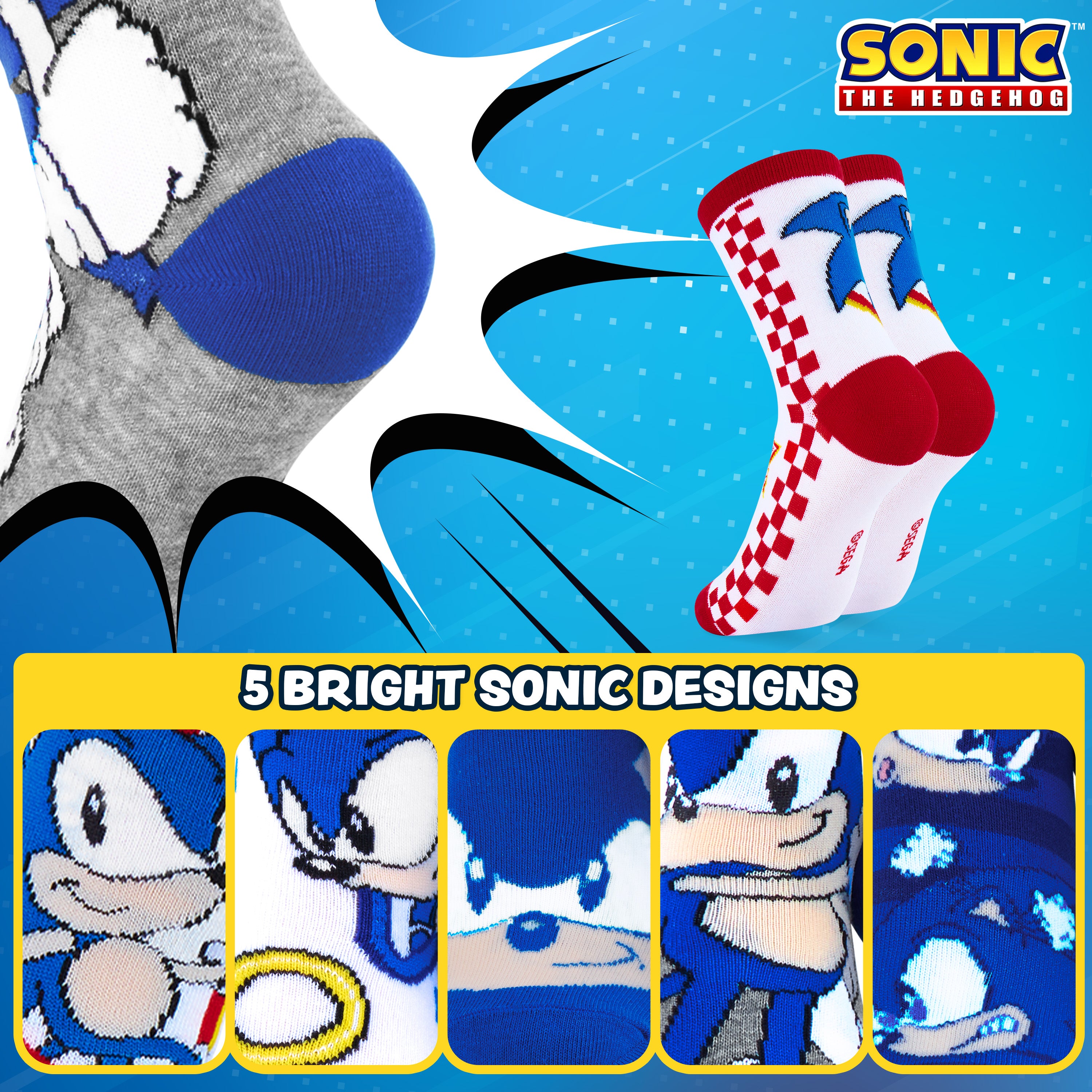 Sonic The Hedgehog Boys Socks, 5 Pack Crew Socks - Get Trend