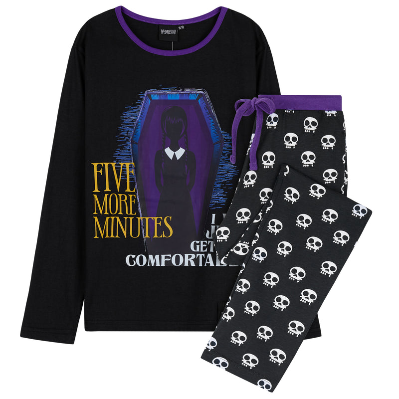 Wednesday Girls Pyjamas - Long Sleeve & Bottoms PJs - Black/Skull - Get Trend