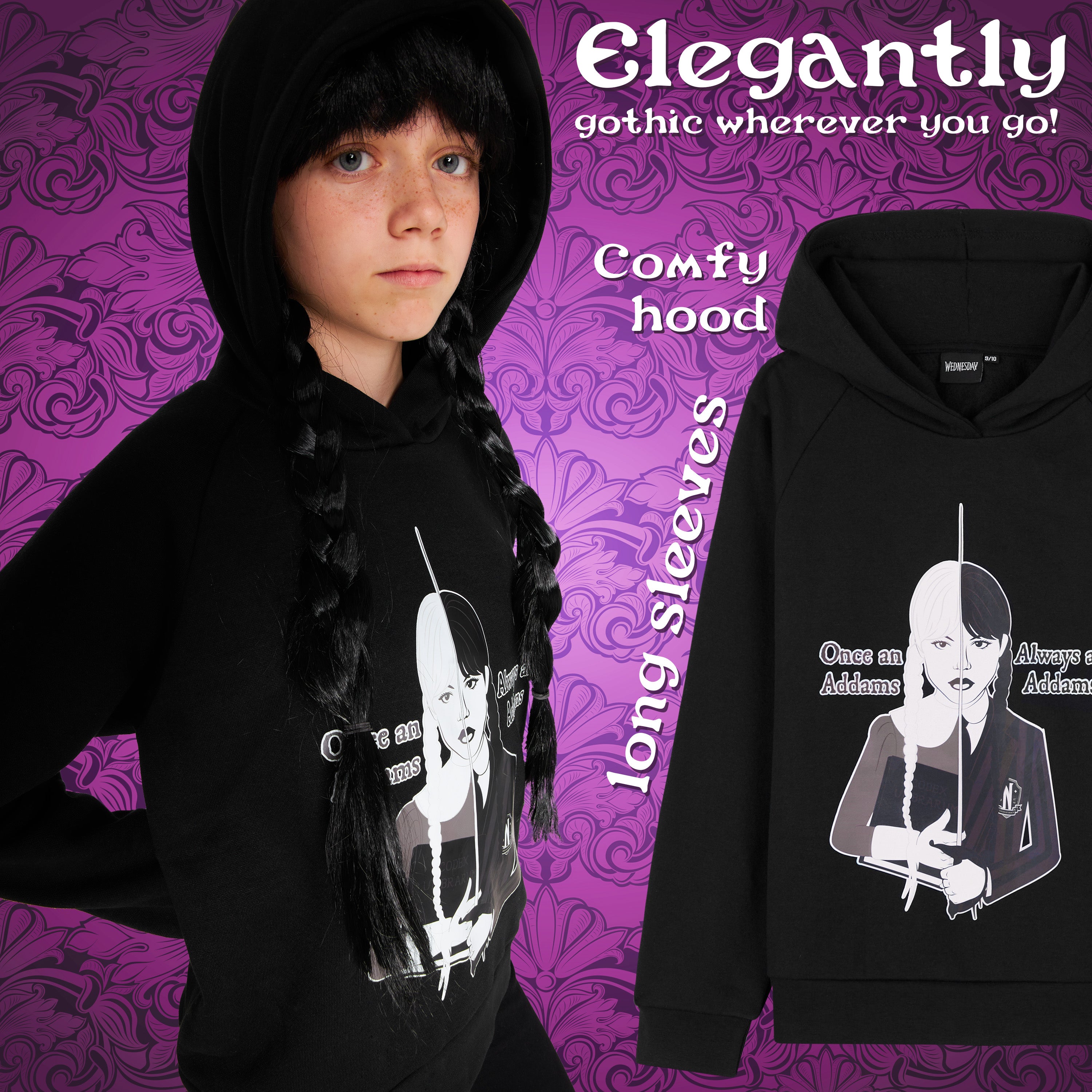 Wednesday Girls Hoodie - Hooded Sweatshirt for Girls - Black/Addams - Get Trend