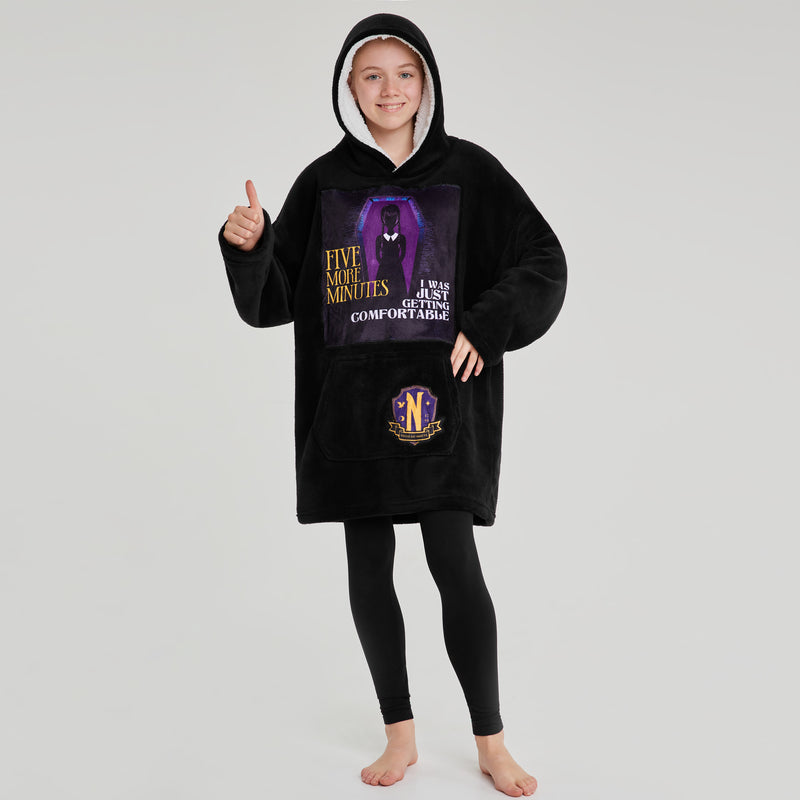 Wednesday Fleece Hoodie Blanket for Girls - Black/Purple