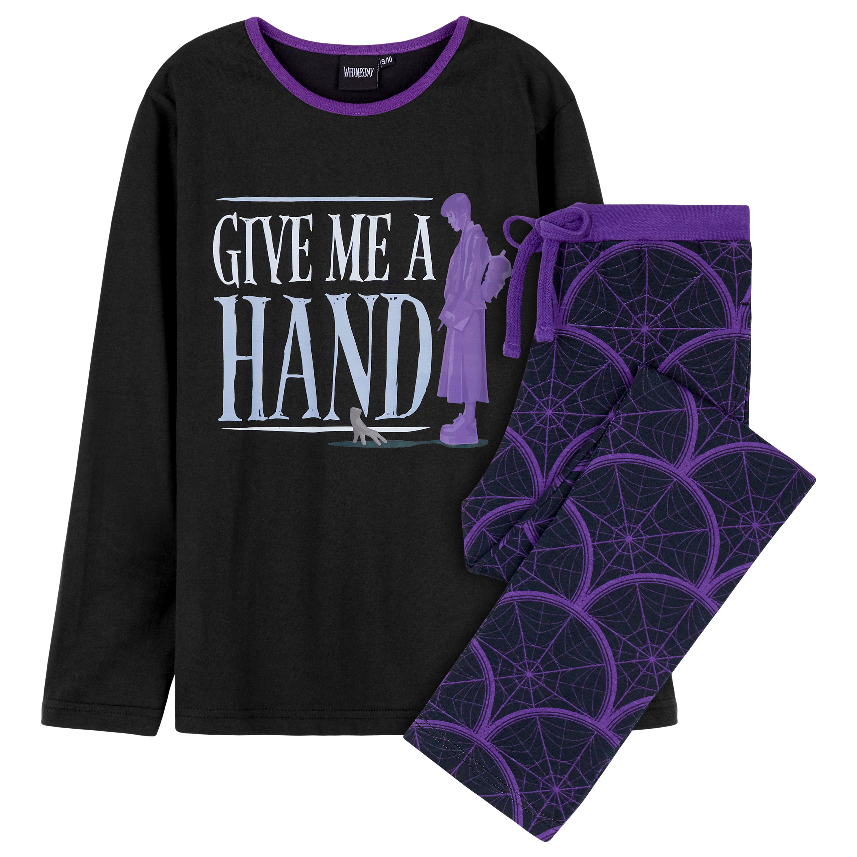 Wednesday Girls Pyjamas - Long Sleeve & Bottoms PJs - Black/Hand - Get Trend