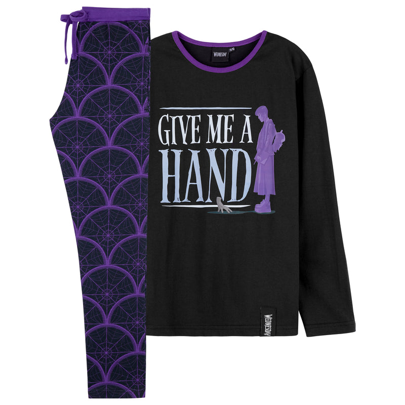 Wednesday Girls Pyjamas - Long Sleeve & Bottoms PJs - Black/Hand - Get Trend