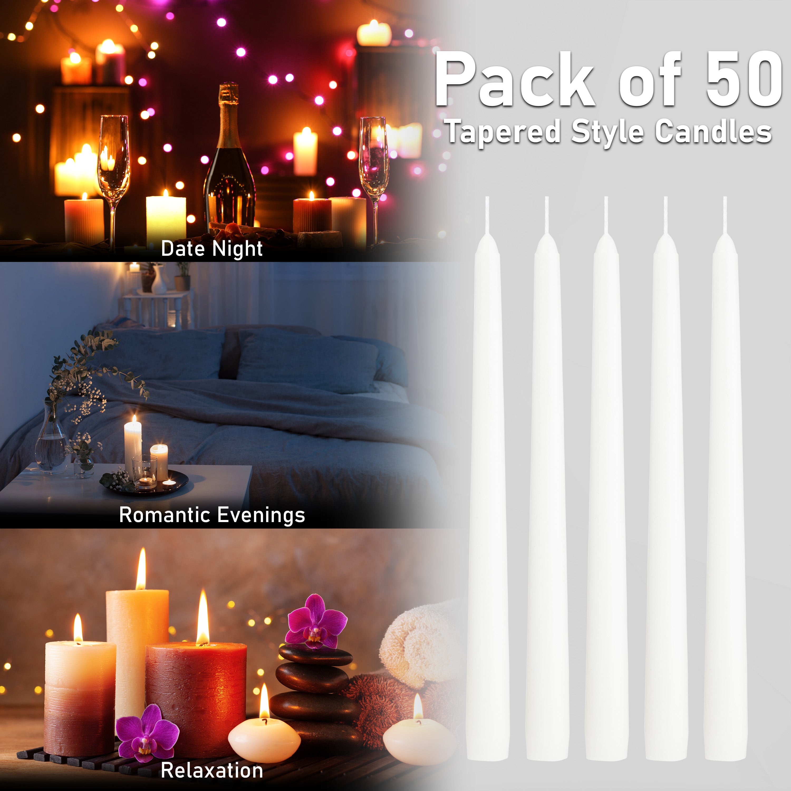 DECO EXPRESS Candles Set, Pack of 50 Classic Tapered Dinner Candles  (White, 50 Pack) - Get Trend