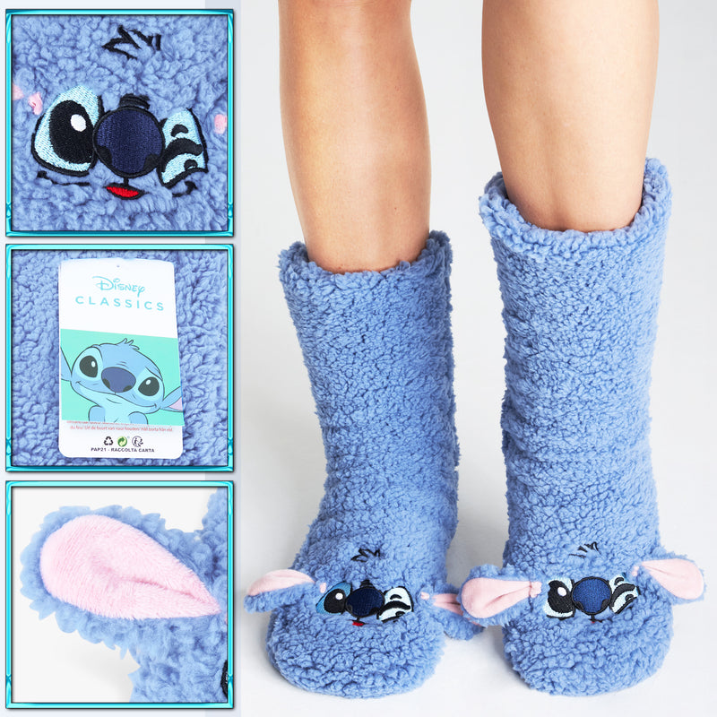 Women's Lilo & Stitch Fluffy Slipper Socks With Grippers - Blue