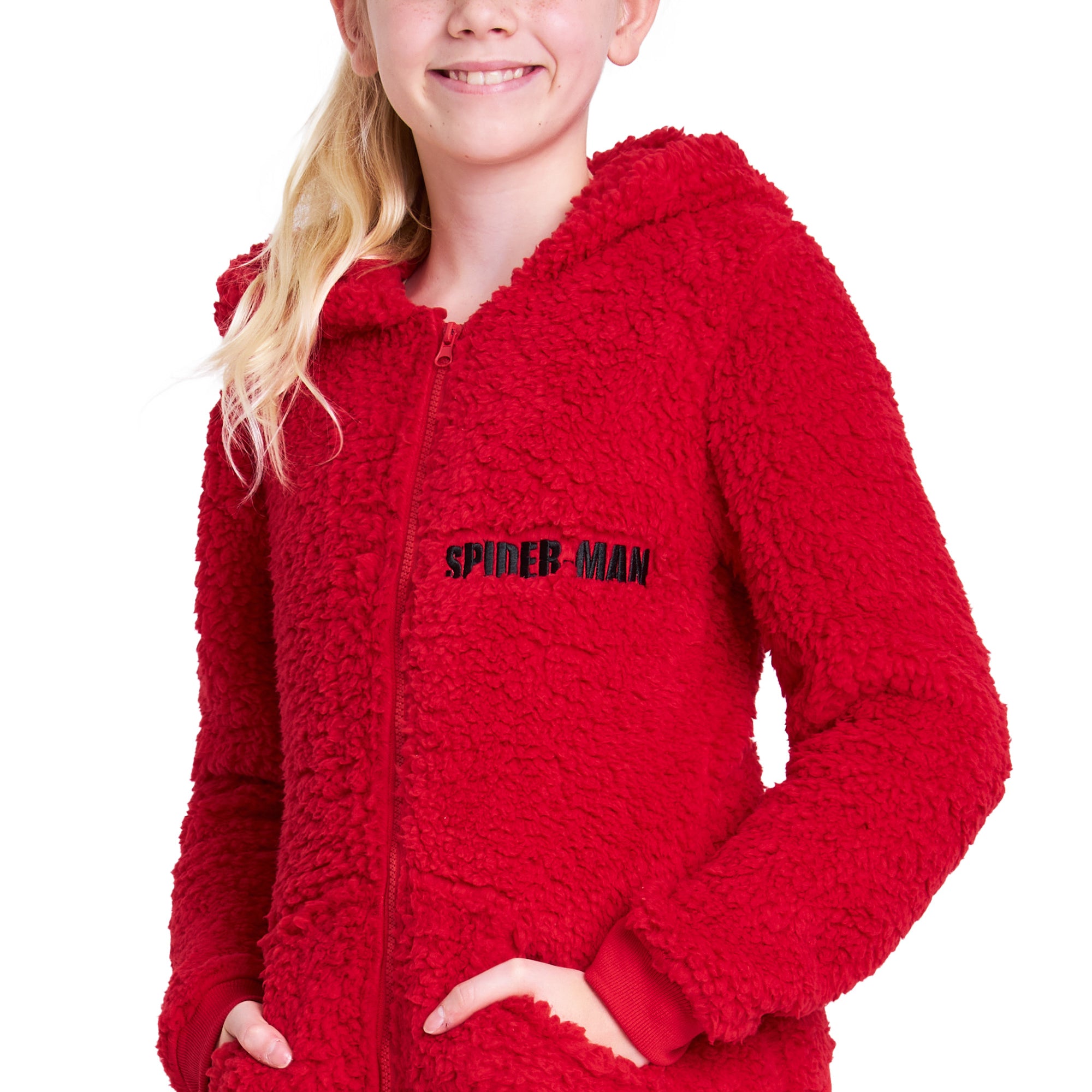 Marvel Sherpa Hoodie for Boys, Spiderman Zip Up Fleece Fluffy Hoodie - RED - Get Trend