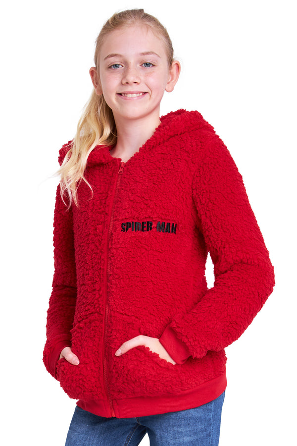 Marvel Sherpa Hoodie for Boys, Spiderman Zip Up Fleece Fluffy Hoodie - RED - Get Trend