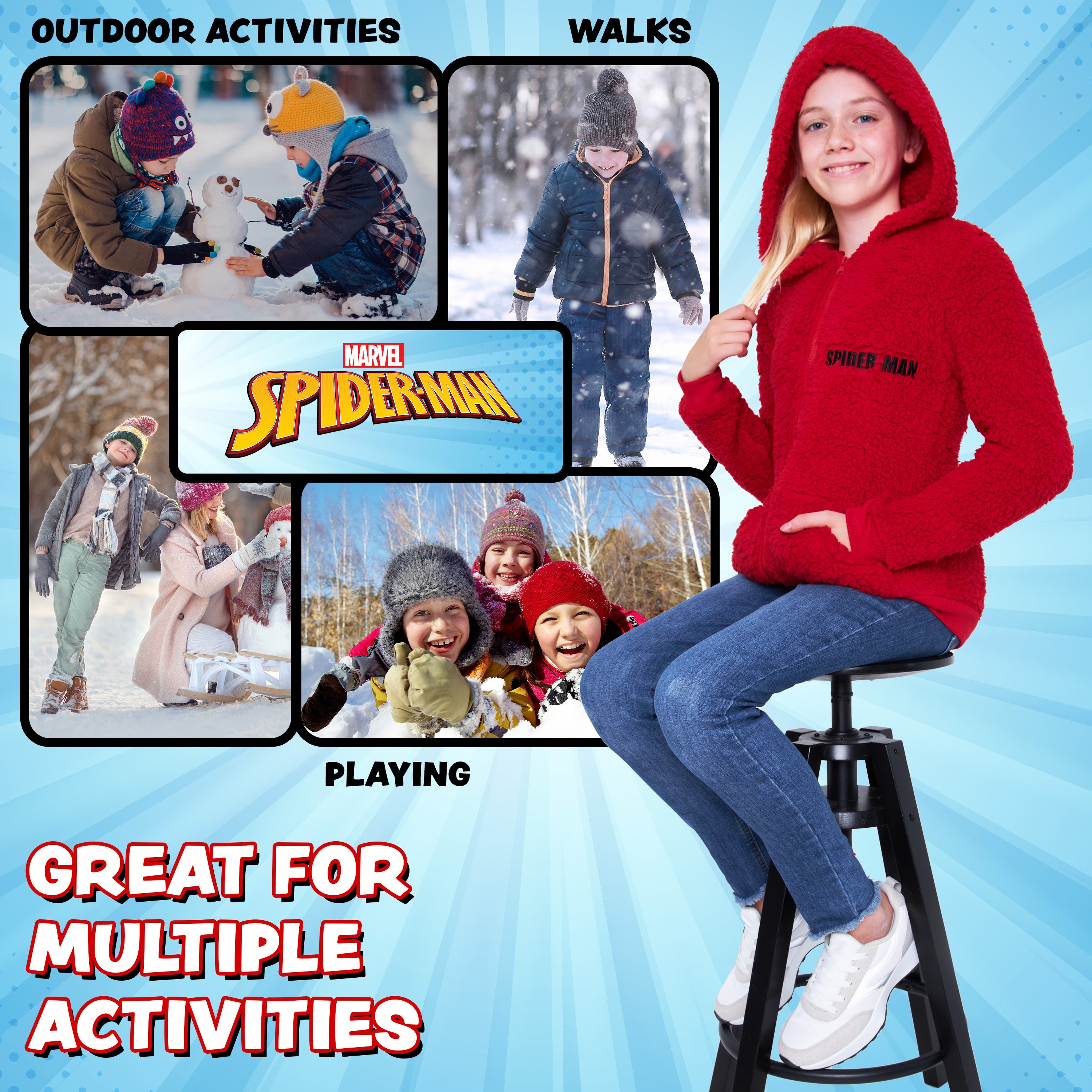 Marvel Sherpa Hoodie for Boys, Spiderman Zip Up Fleece Fluffy Hoodie - RED - Get Trend