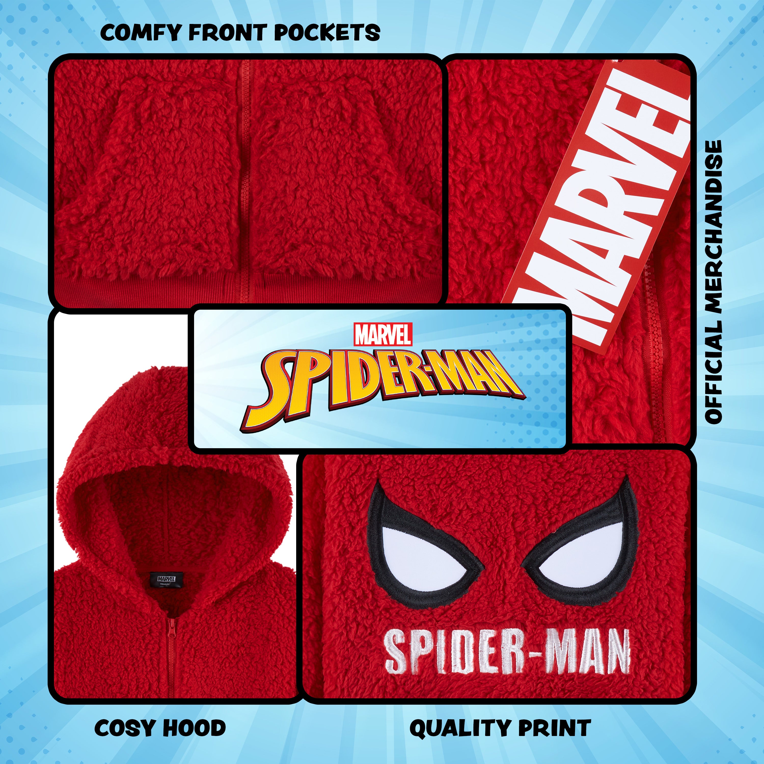 Marvel Sherpa Hoodie for Boys, Spiderman Zip Up Fleece Fluffy Hoodie - RED - Get Trend