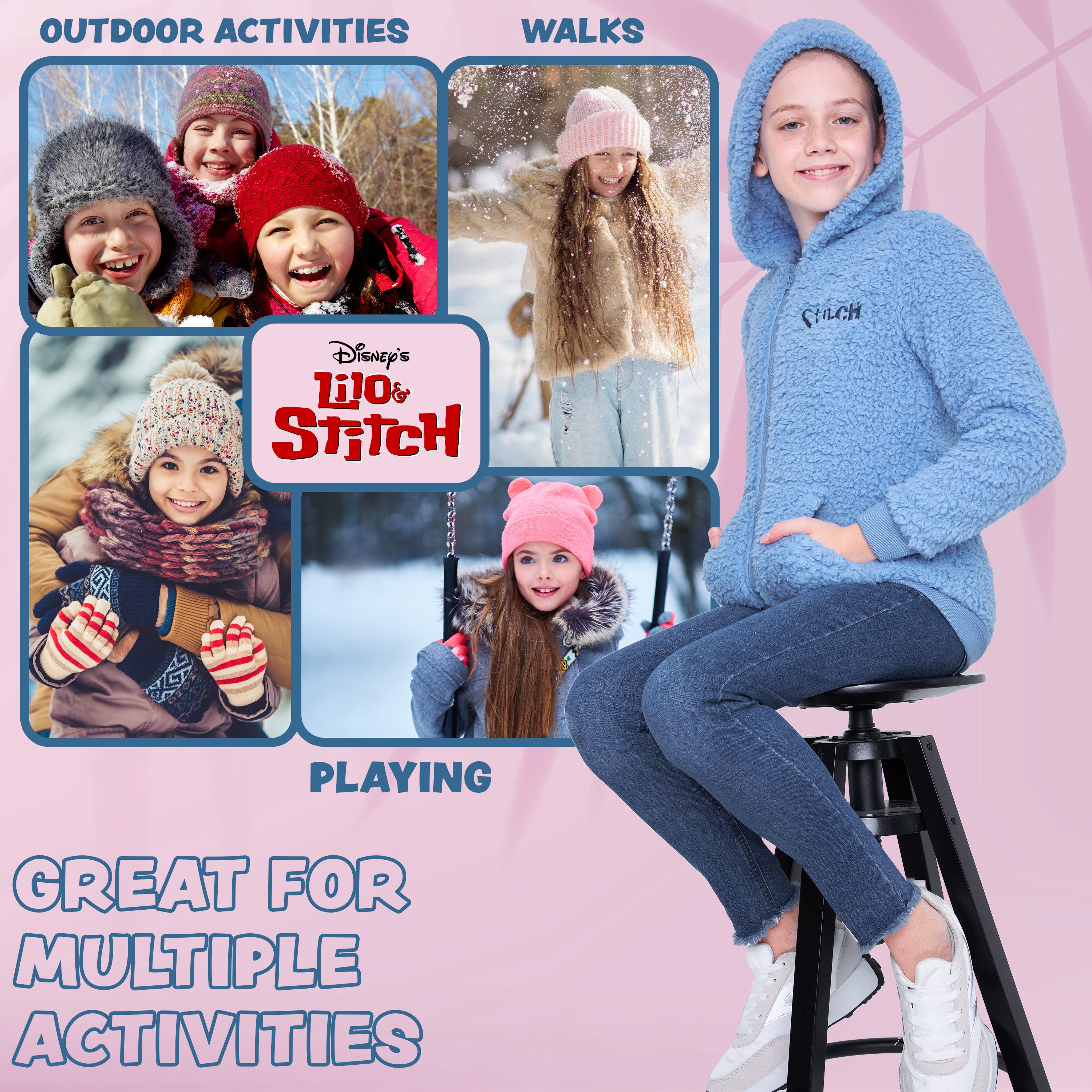 Disney Stitch Sherpa Hoodie for Girls, Zip Up Fleece Fluffy Hoodie for Kids Teens - Get Trend