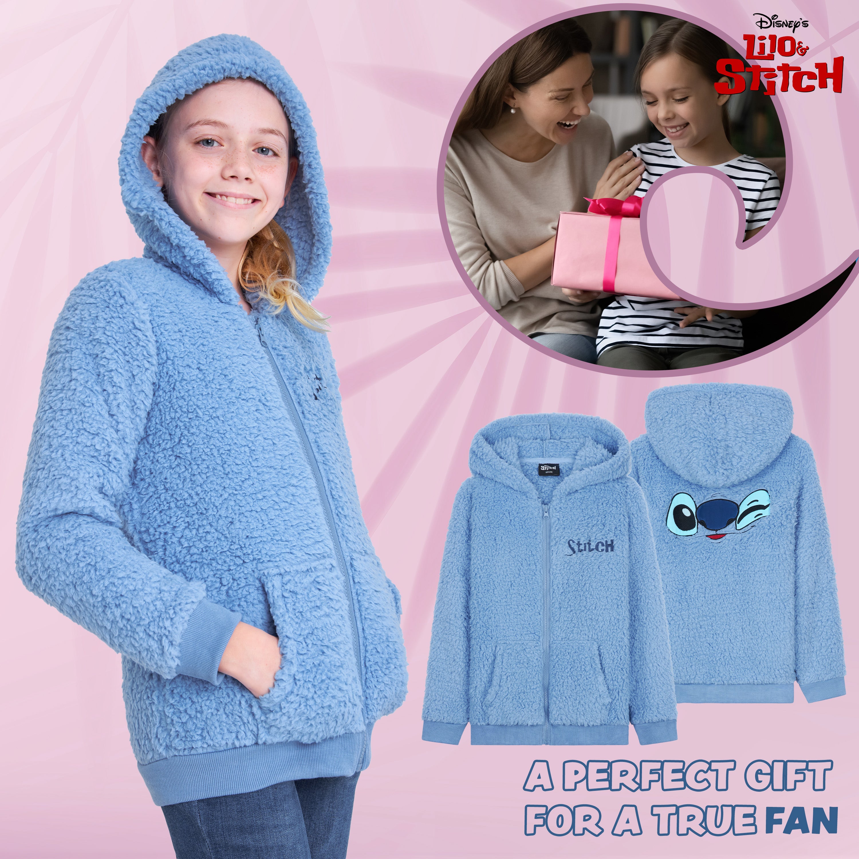 Disney Stitch Sherpa Hoodie for Girls, Zip Up Fleece Fluffy Hoodie for Kids Teens - Get Trend